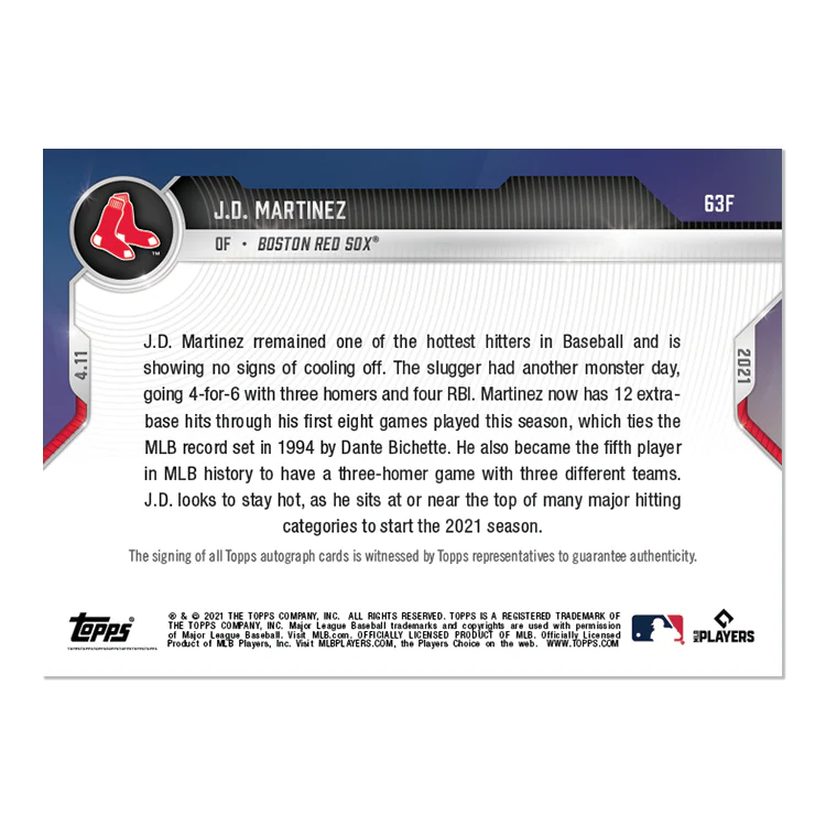 On-Card Auto # to 1 - J.D. Martinez - 2021 MLB TOPPS NOW® Card 63F
