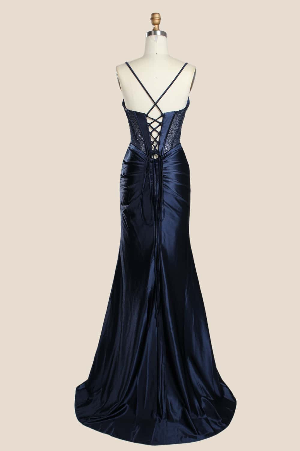 Navy Blue Ruched Satin Fitted Party Dress