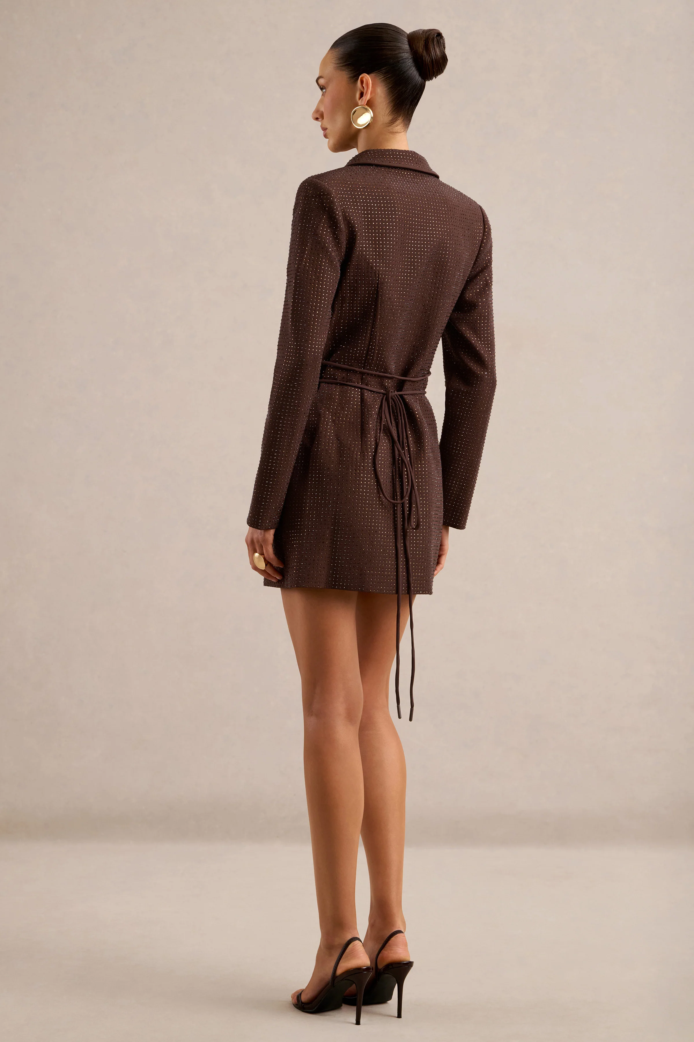 Aramelle | Brown Embellished Plunge Long Sleeve Blazer Mini Dress With Tie Back Detail