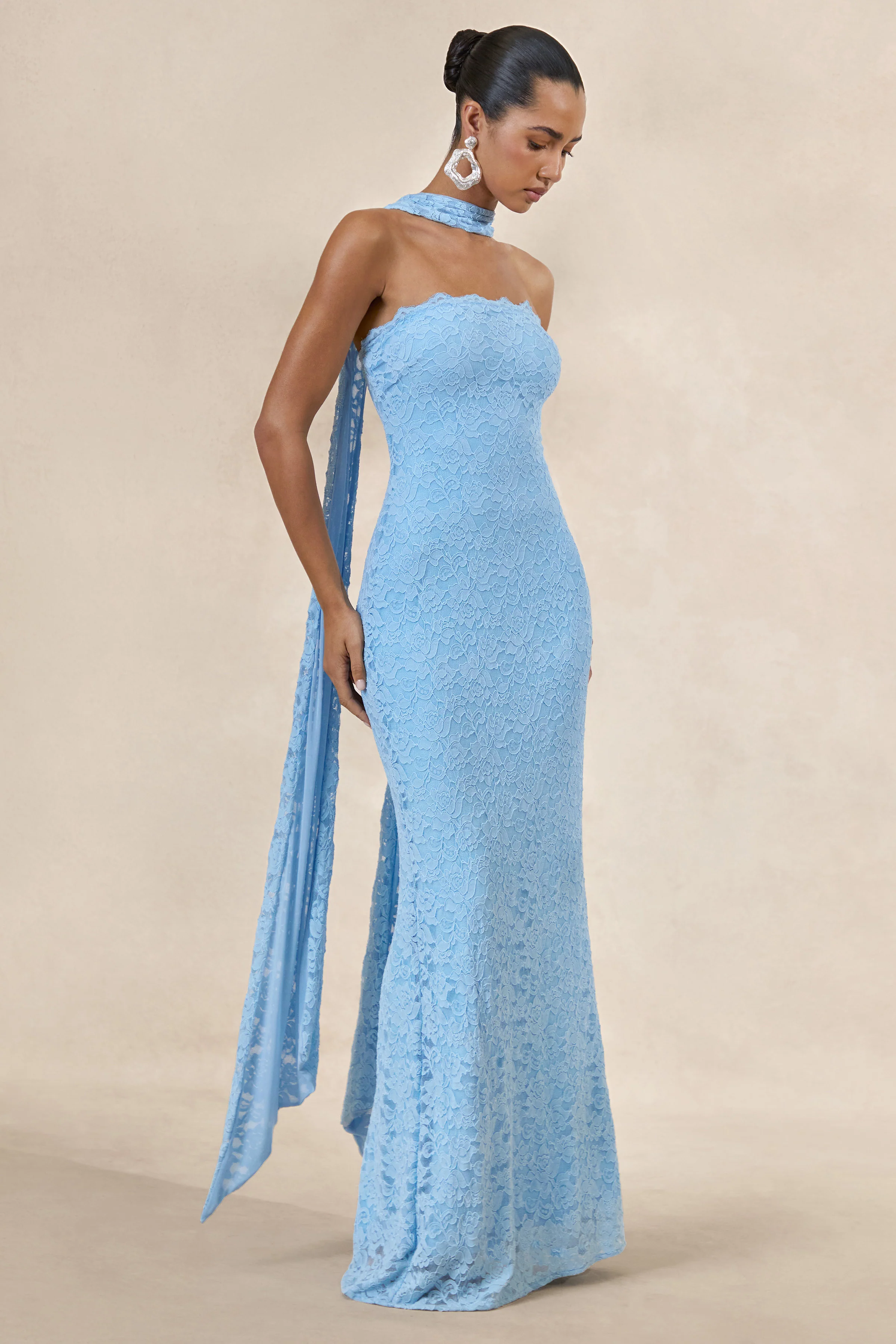 Massima | Light Blue Lace Bandeau Maxi Dress With Scarf Detail And Back Split