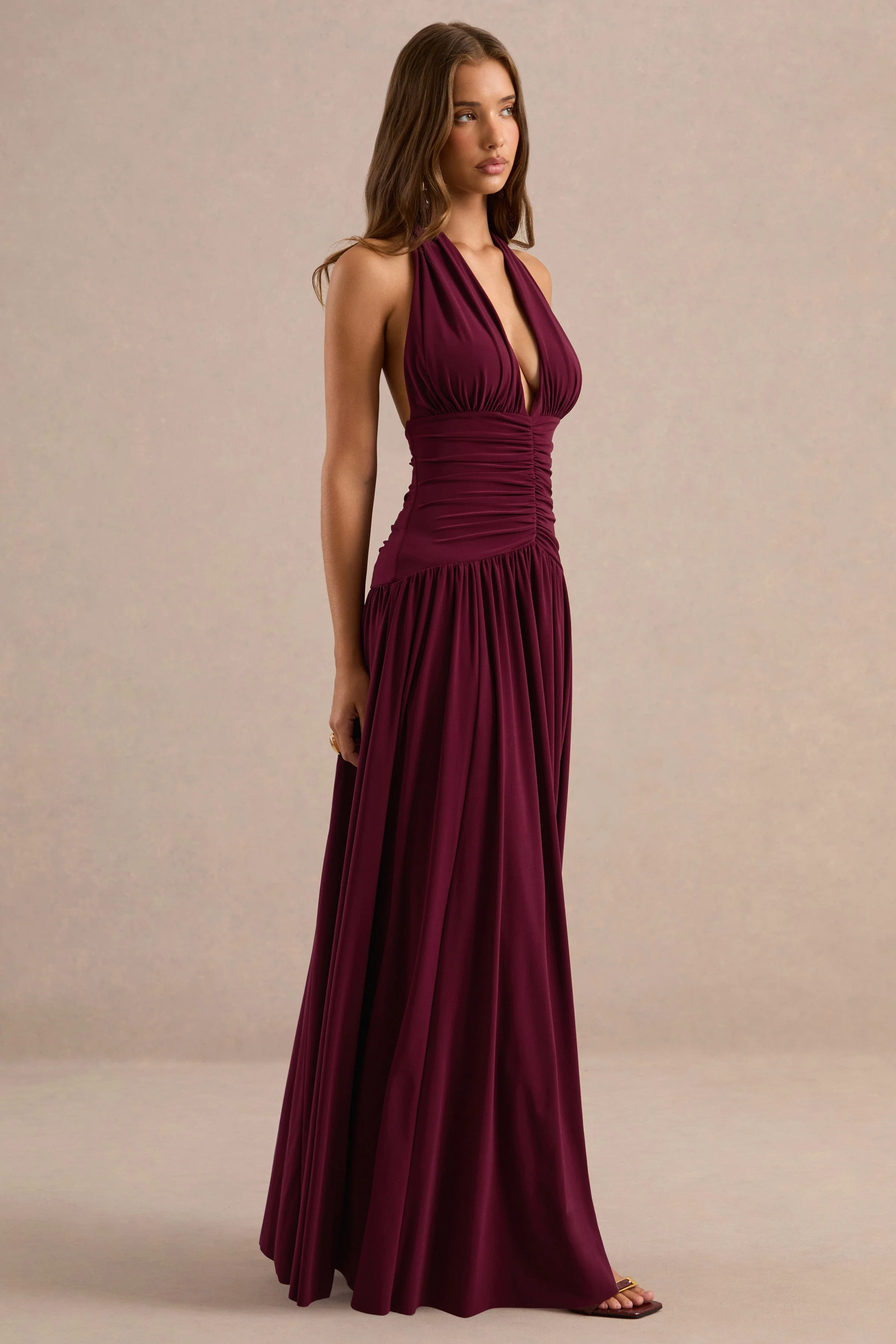 Bettina | Burgundy Jersey Plunge Maxi Dress With Gathered Detailing And Tie Back