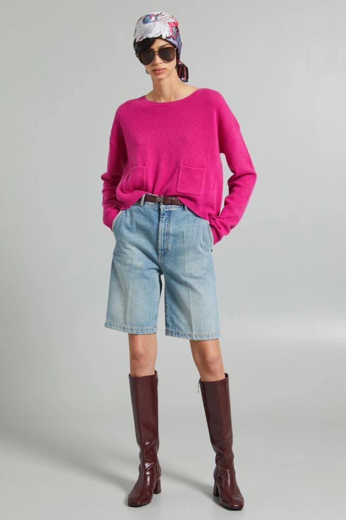 Boxy fit sweater with pockets - FUCHSIA