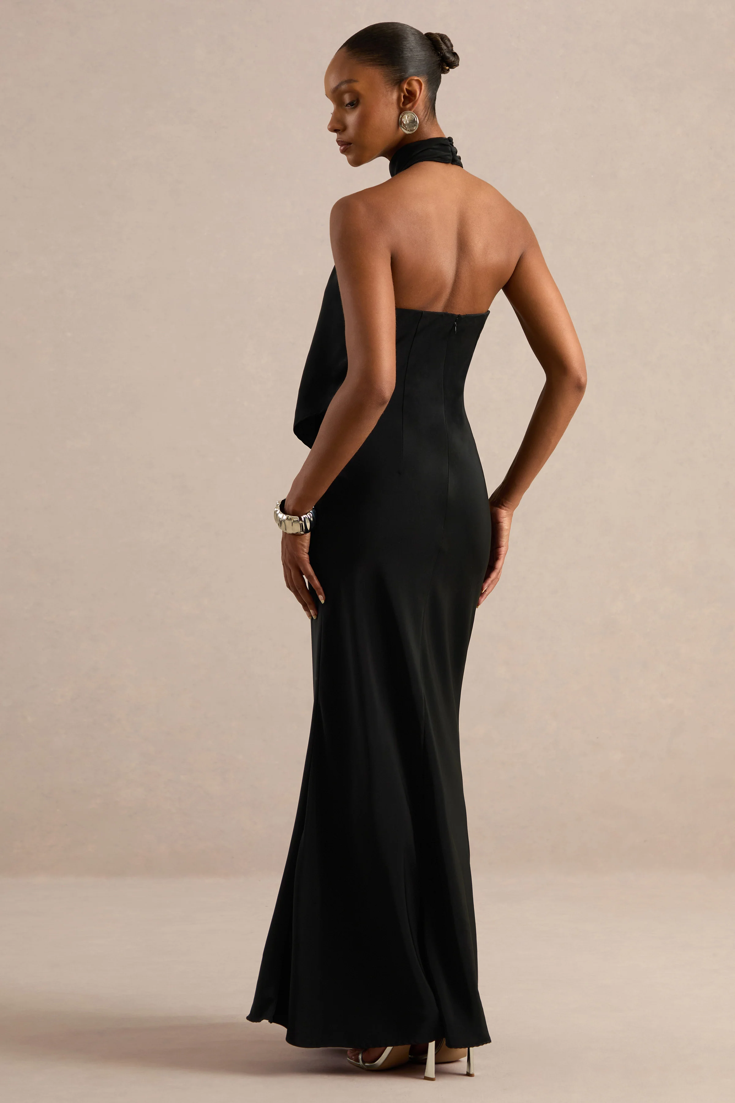 Canella | Black Satin Halter-Neck Maxi Dress With Sash-Detail