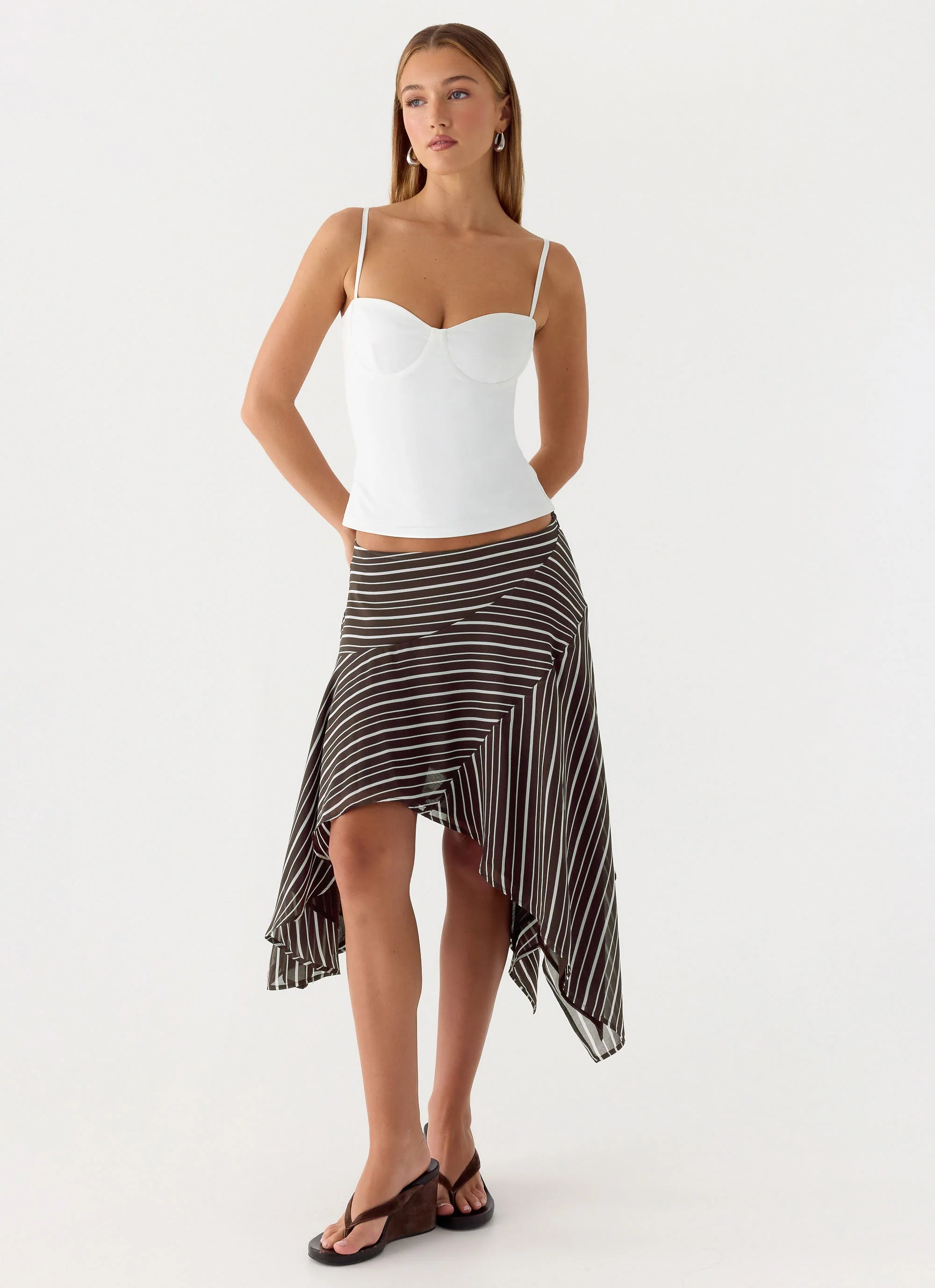 Kia Low Rise Asymmetrical Midi Skirt - Chocolate Stripe
