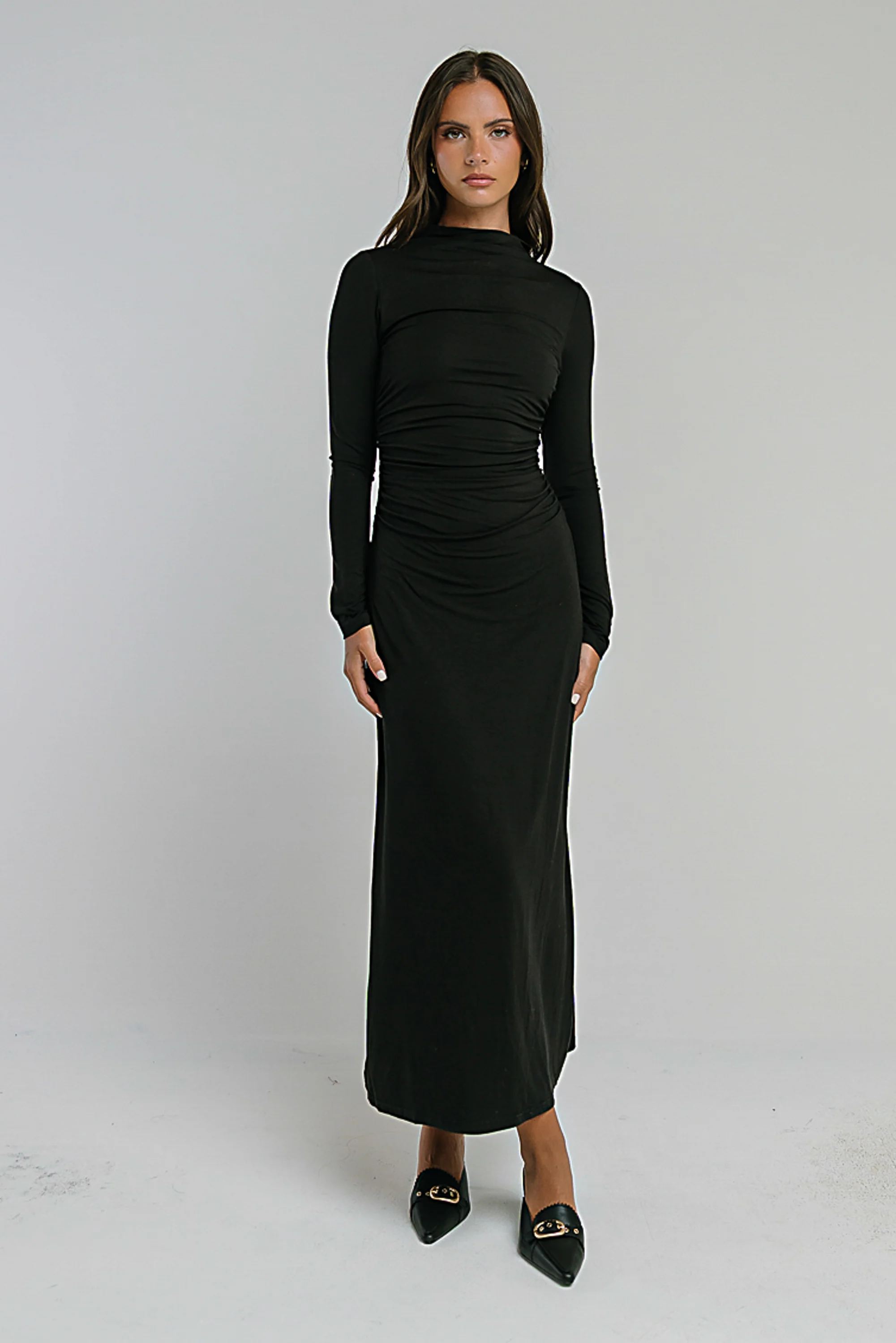 Ruth Ruched Midi Dress in Black