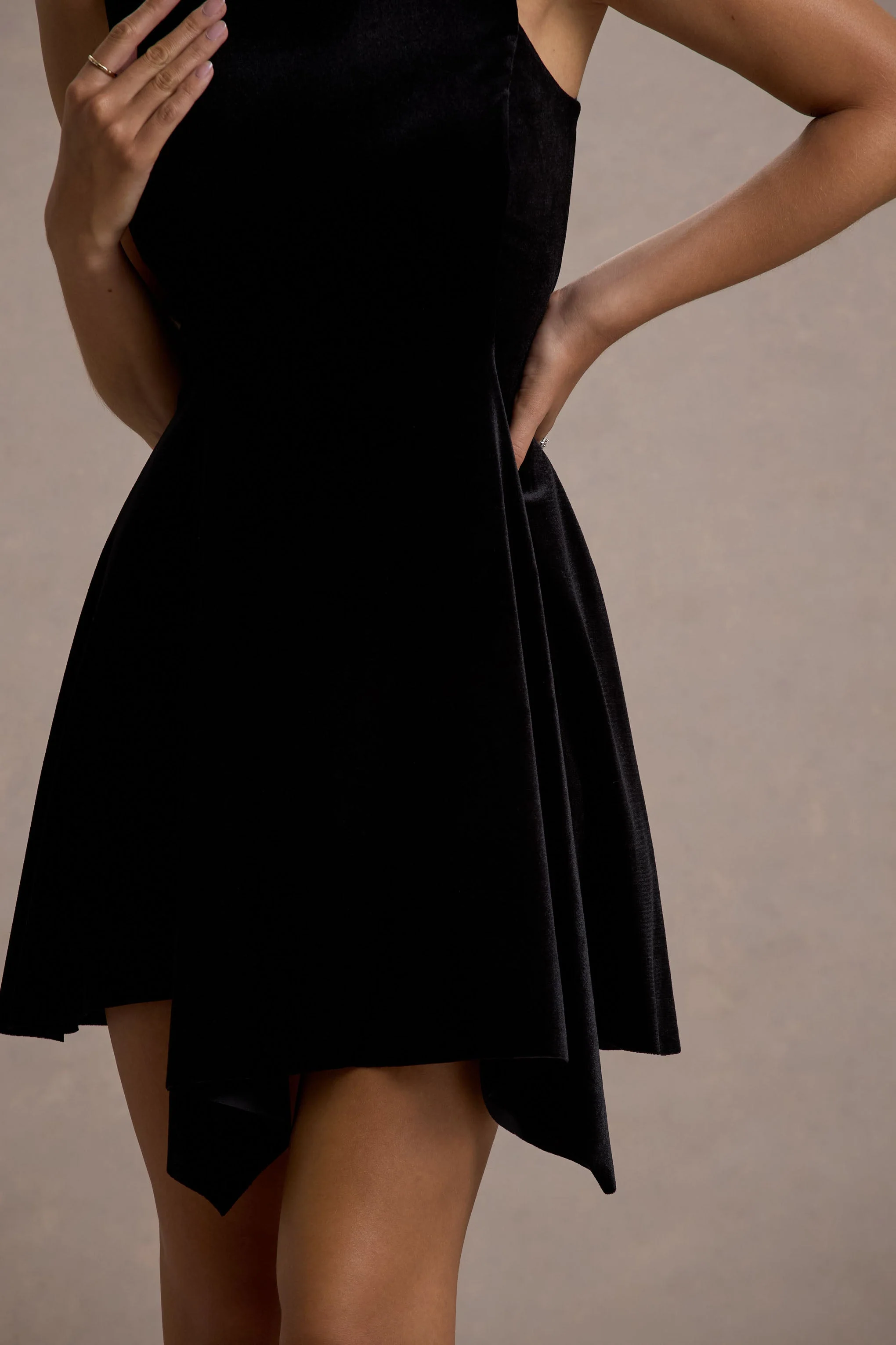 Baker | Black Velvet Draped-Hem Mini Dress