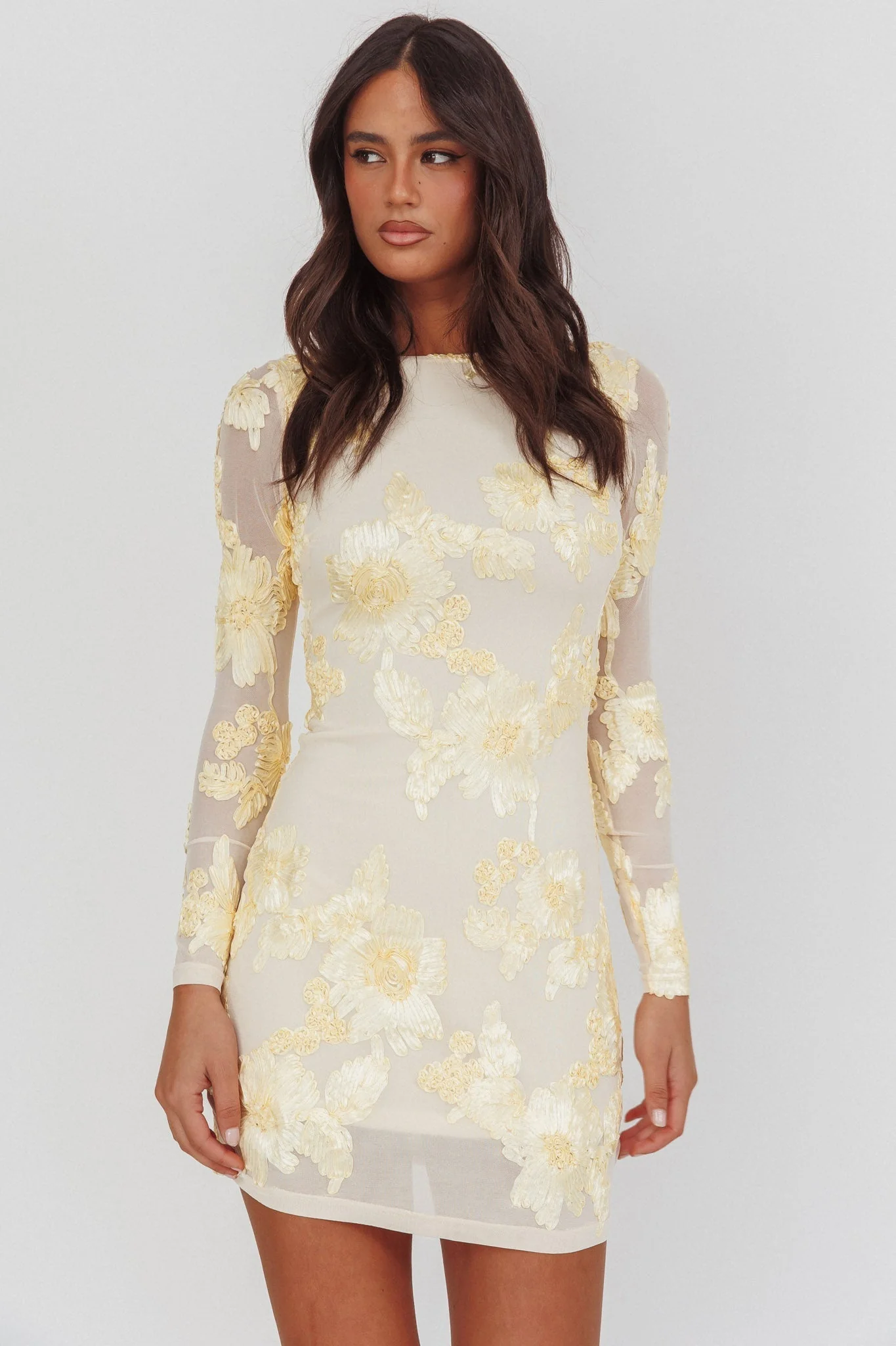 Karma Long Sleeve Scoop Back Dress Embellished Yellow