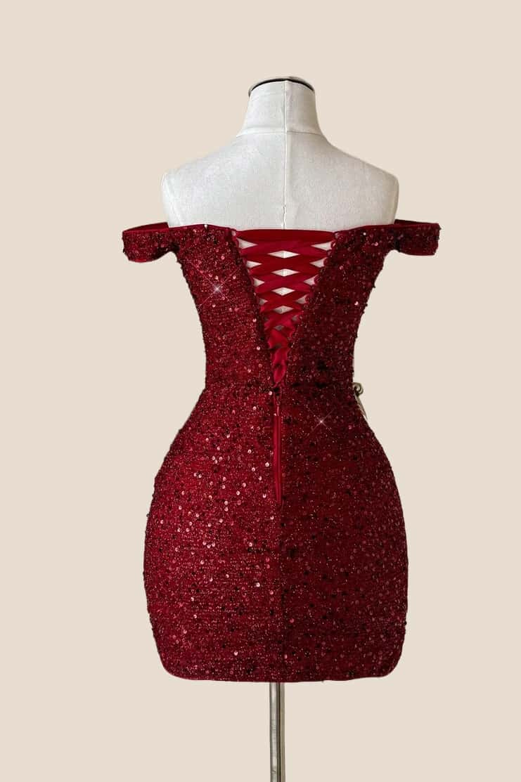 Off the Shoulder Red Sequin Tight Dress