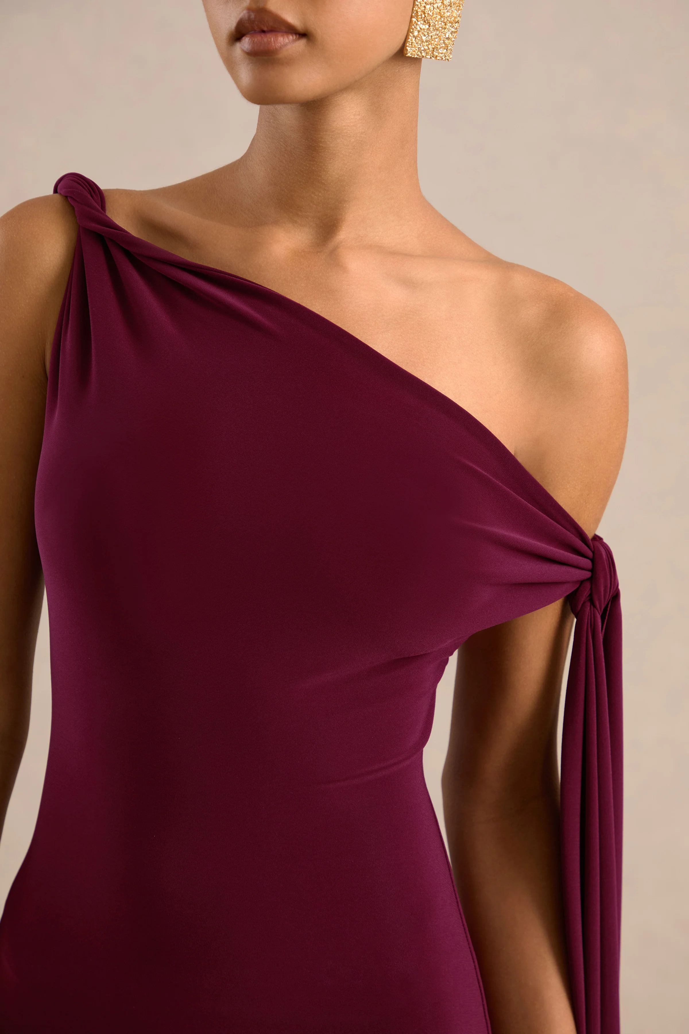Arcelia | Burgundy Jersey One Shoulder Midi Dress With Twist And Knot Sash Detailing