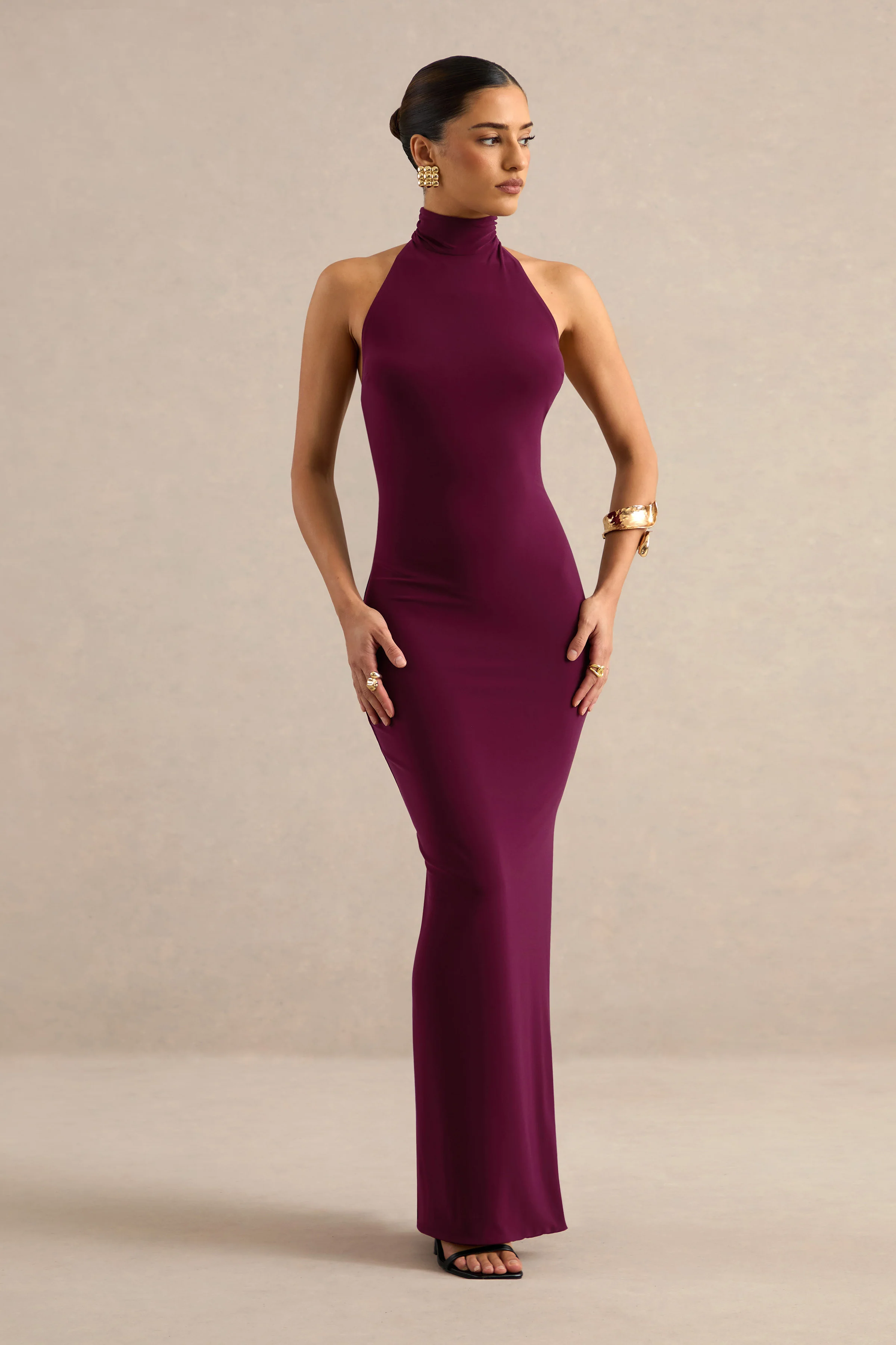 Arlise | Burgundy Jersey High Neck Maxi Dress With Open Back