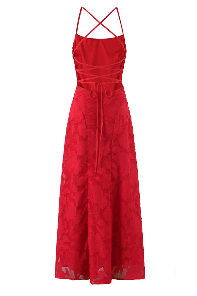 Spaghetti Straps Red Lace Long Dress