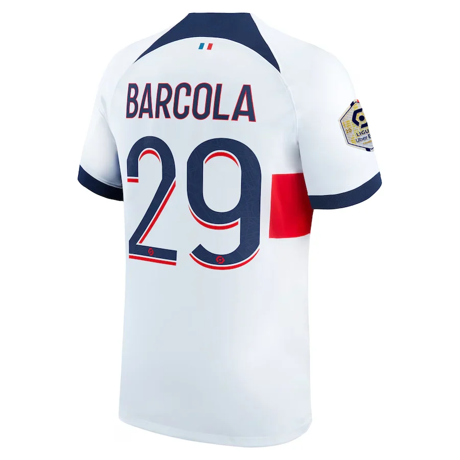 Paris Saint-Germain Bradley Barcola Away Jersey w/ Ligue 1 Patch 23/24 (White/Midnight Navy)