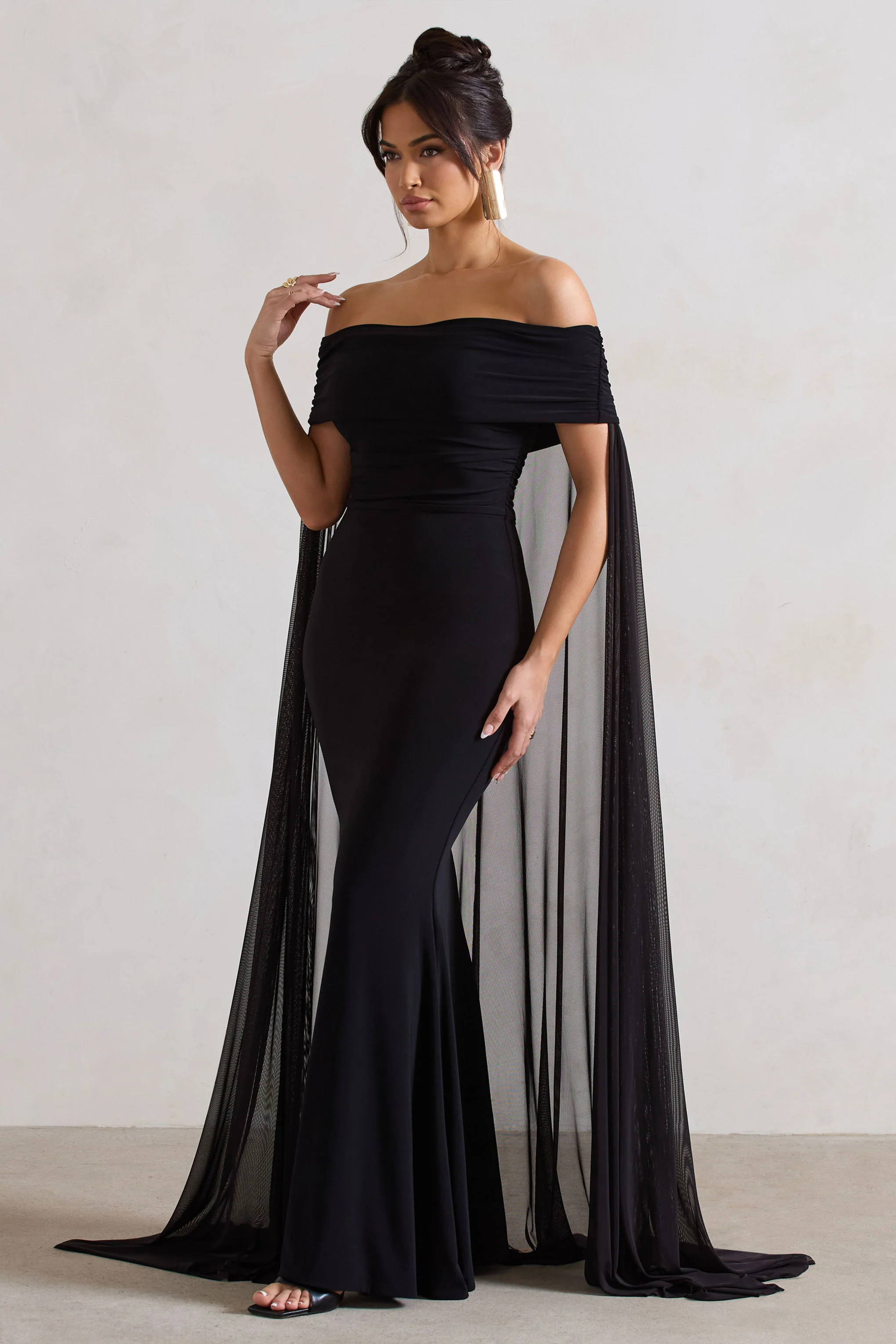 Carlotta | Black Bardot Maxi Dress With Chiffon Cape