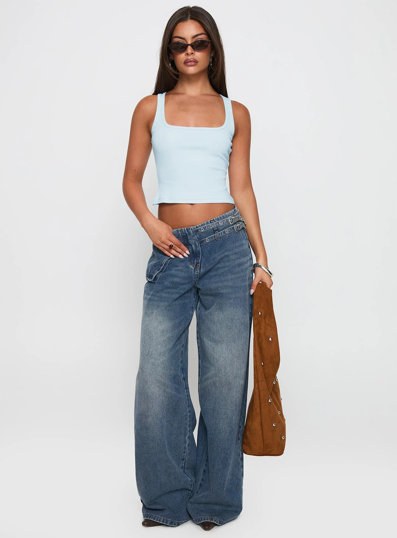 Paltrow Mid Rise Wide Leg Cargo Jeans Mid Blue Wash