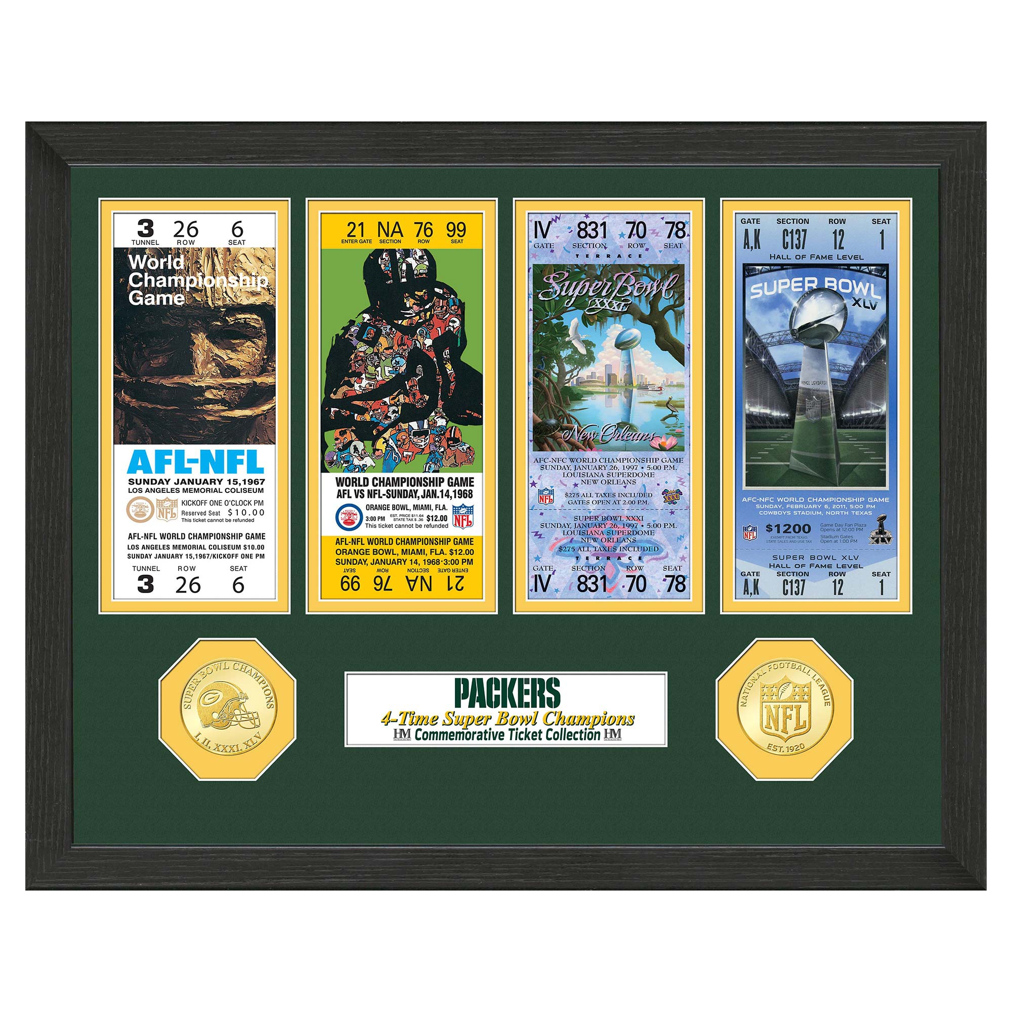 Green Bay Packers Super Bowl Tickets Bronze Coins Framed NFL Photo