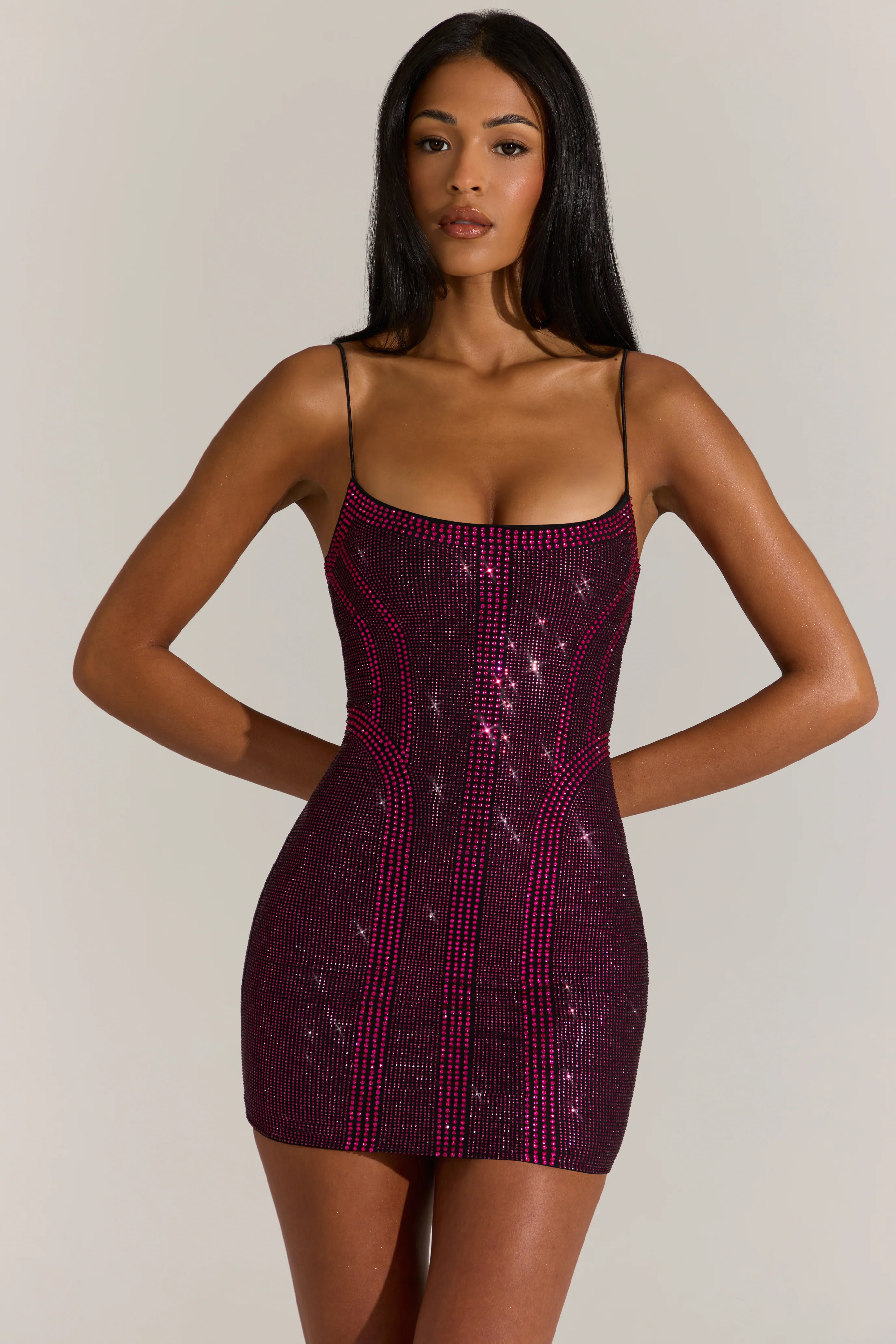 Embellished Scoop-Neck Mini Dress in Fuchsia Pink