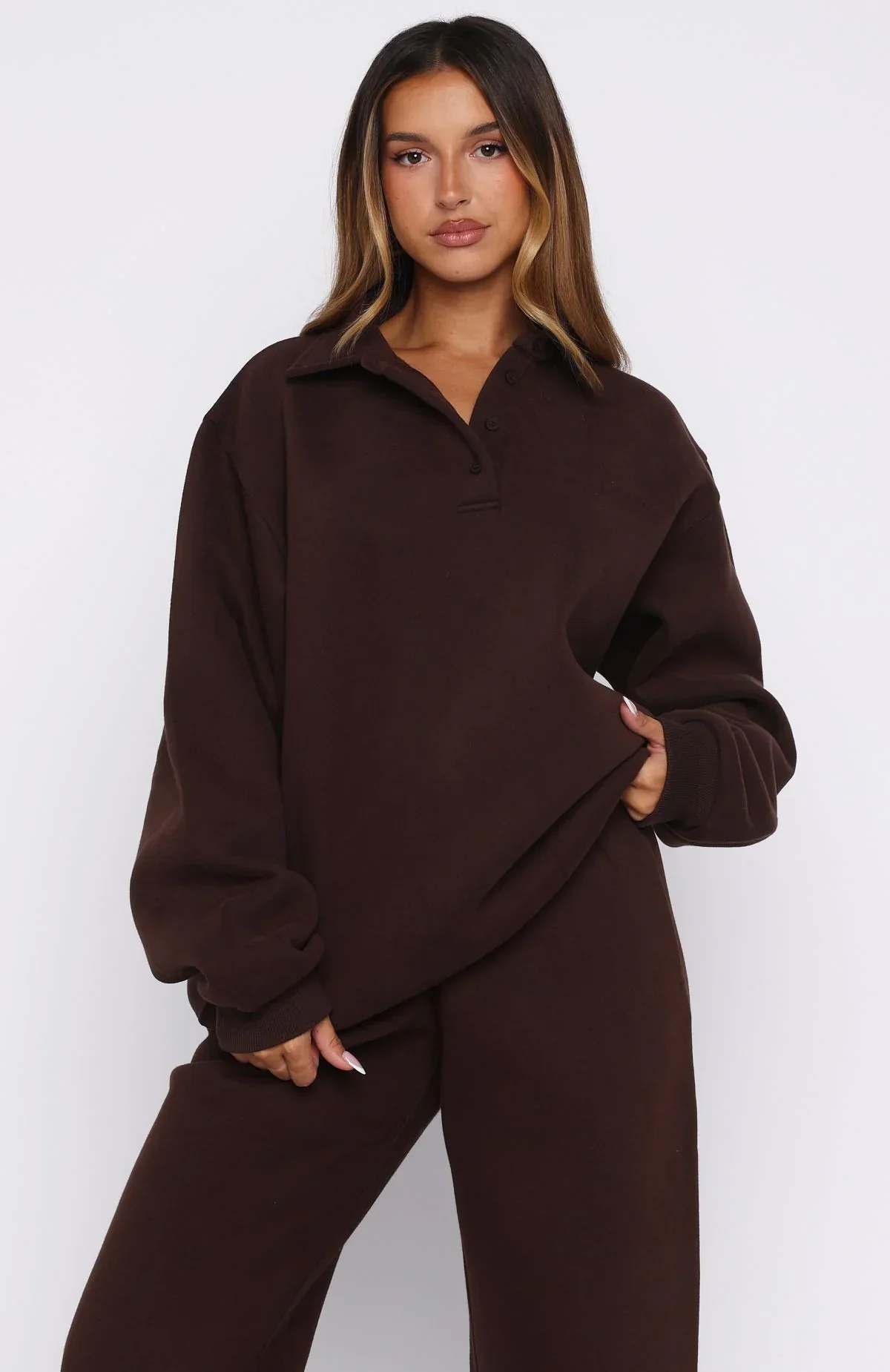 Chill Moves Oversized Henley Sweater Chocolate