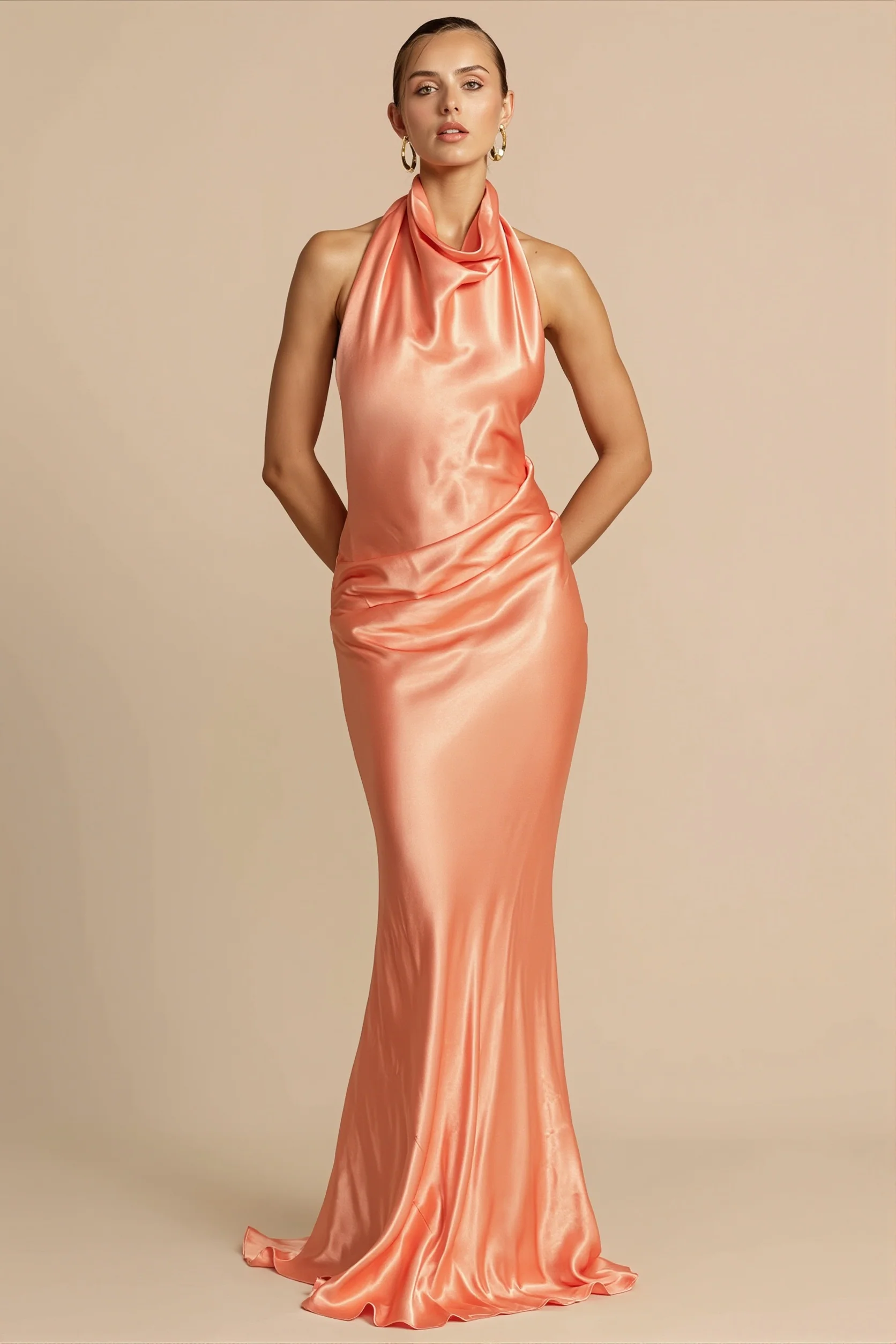 Solid Satin Halter Backless Maxi Dress
