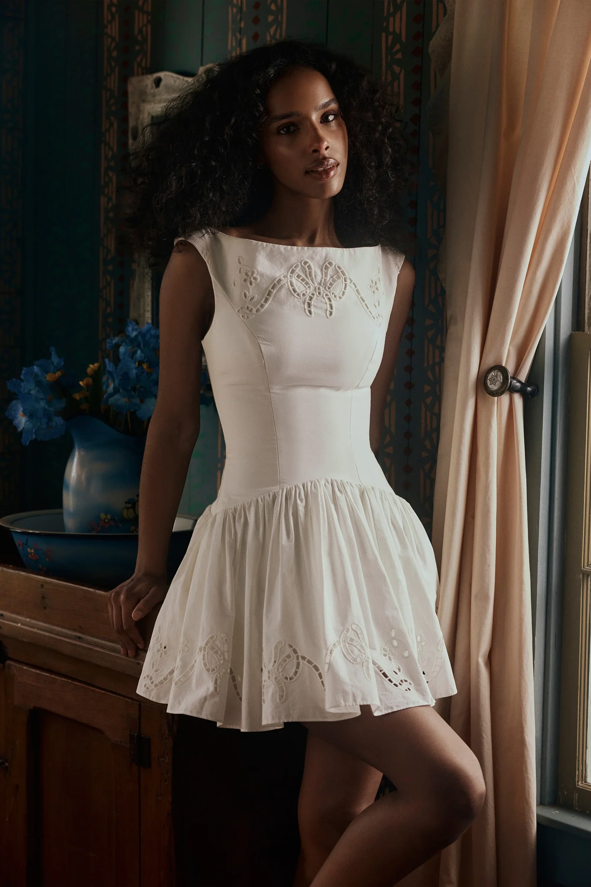 white cotton broderie anglaise boat neck mini dress