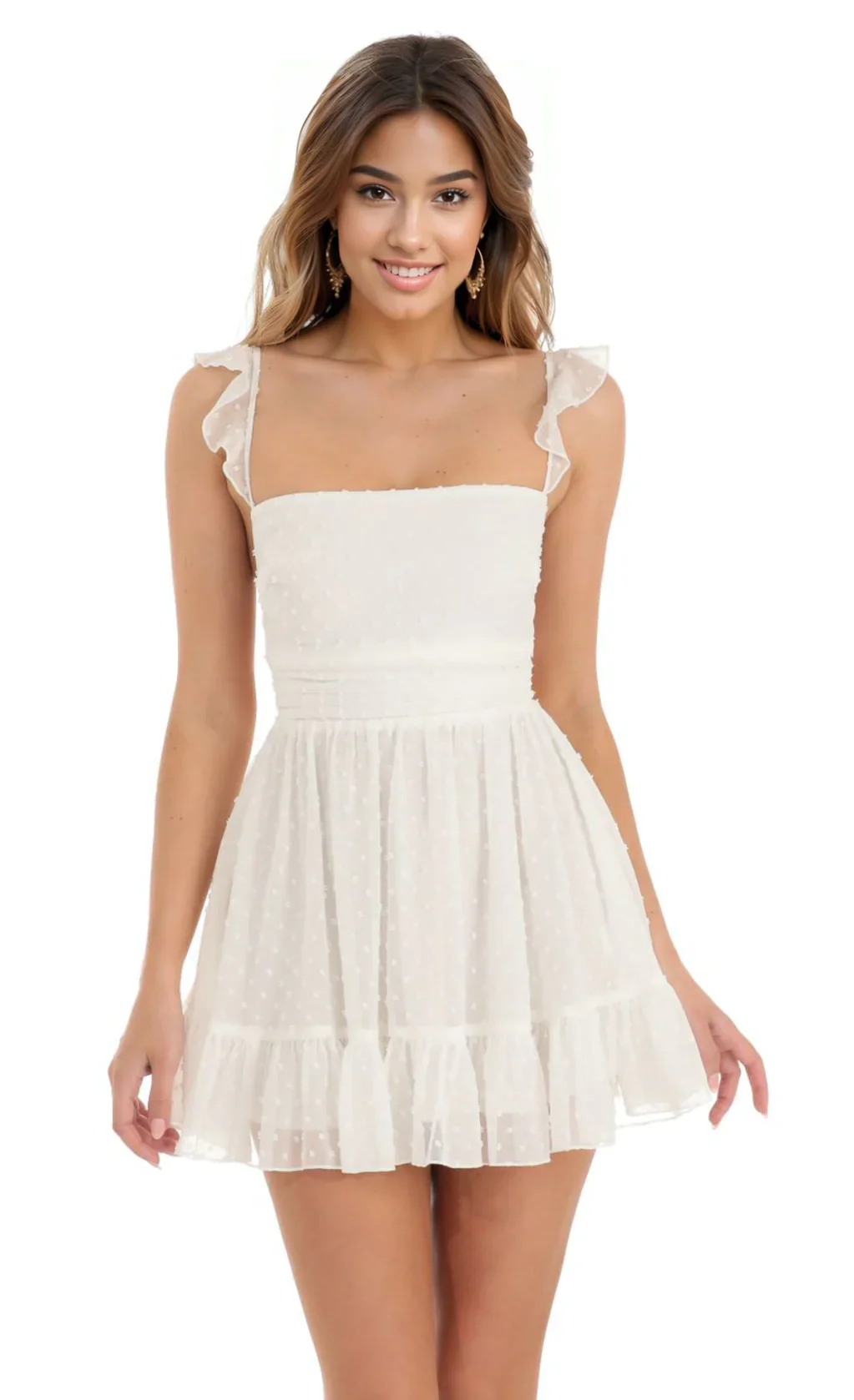 Dotted Chiffon Fit and Flare Dress in White