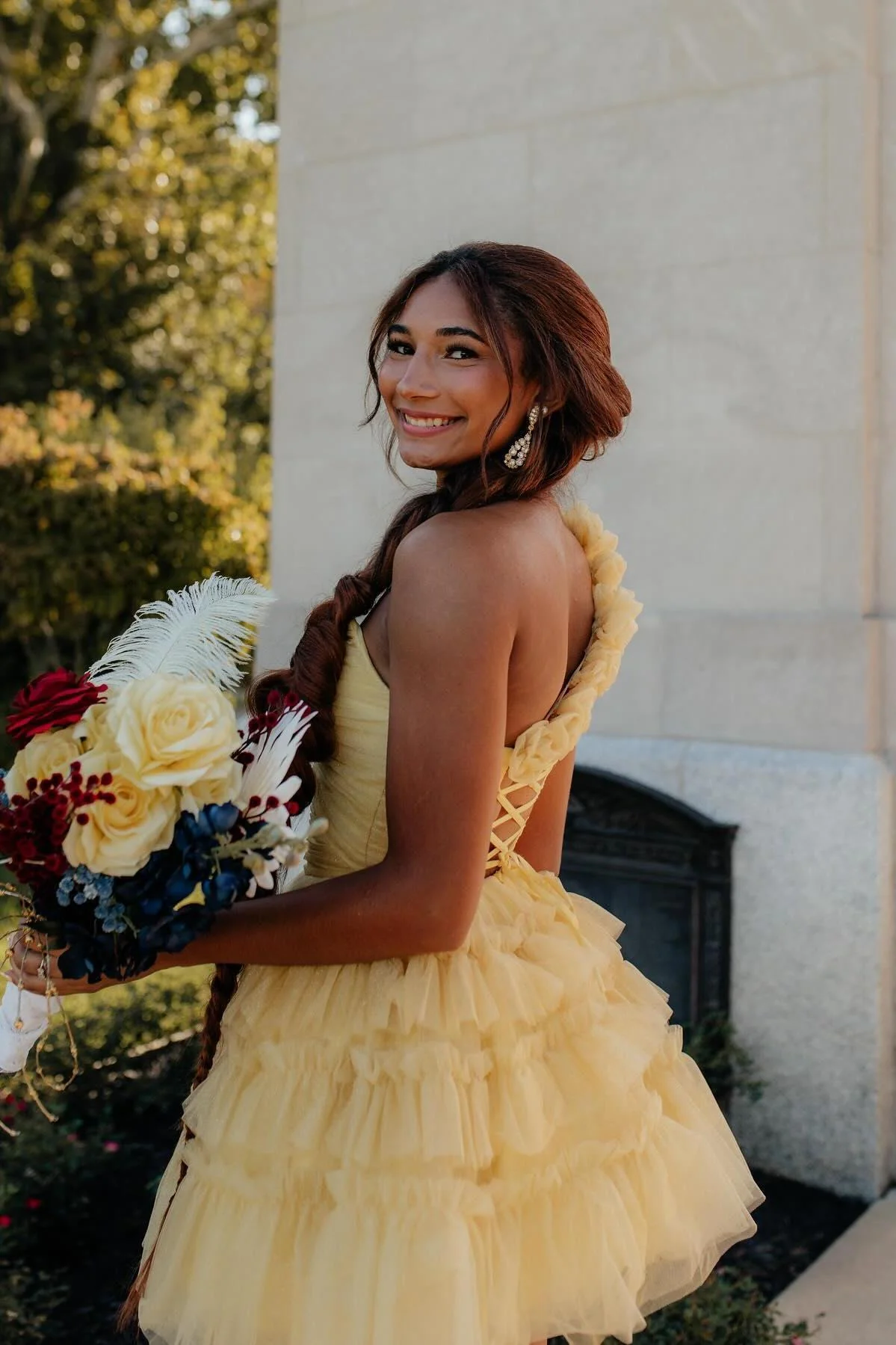 One Shoulder Yellow Ruched Tiered Short Dress