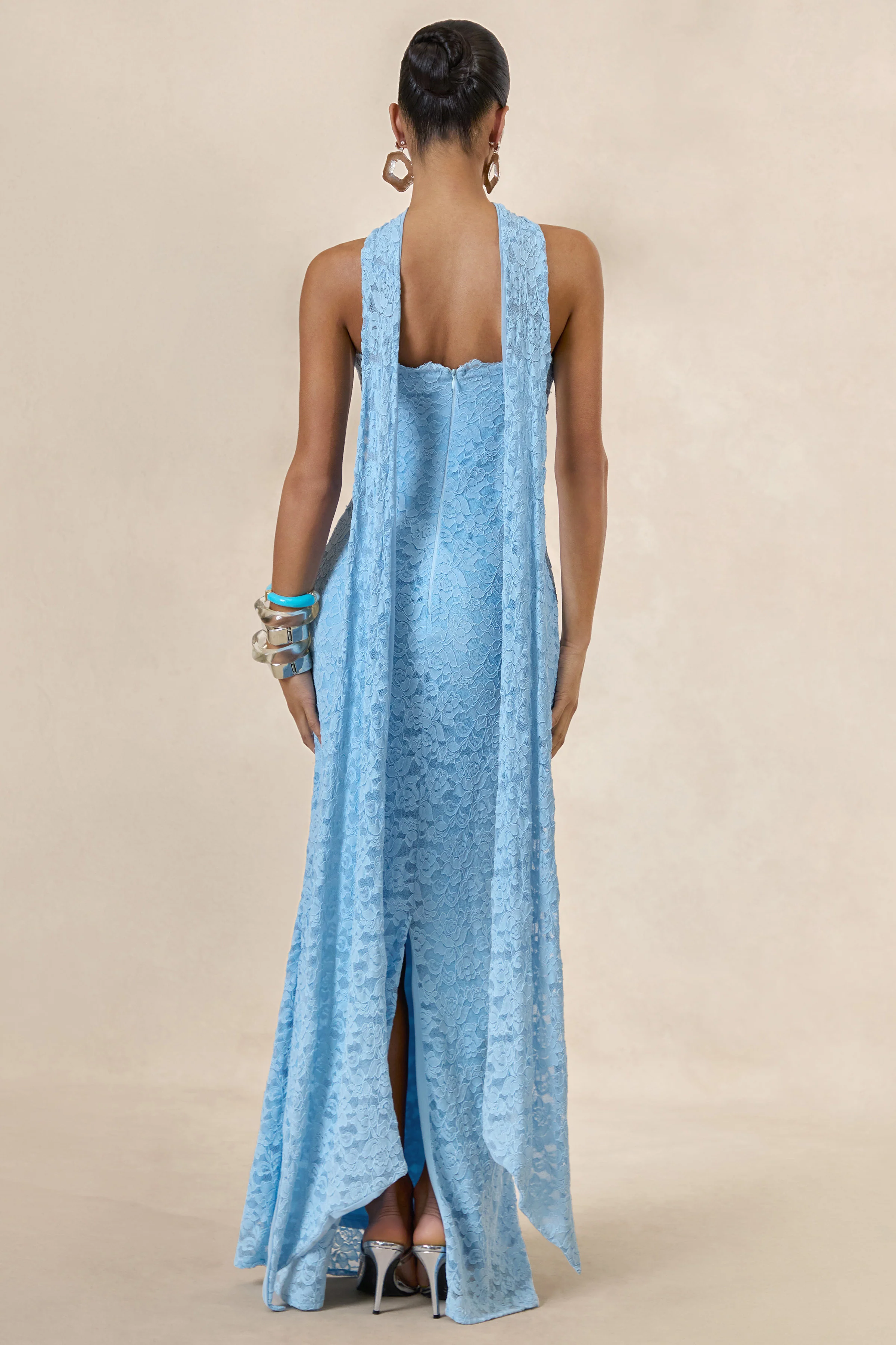 Massima | Light Blue Lace Bandeau Maxi Dress With Scarf Detail And Back Split