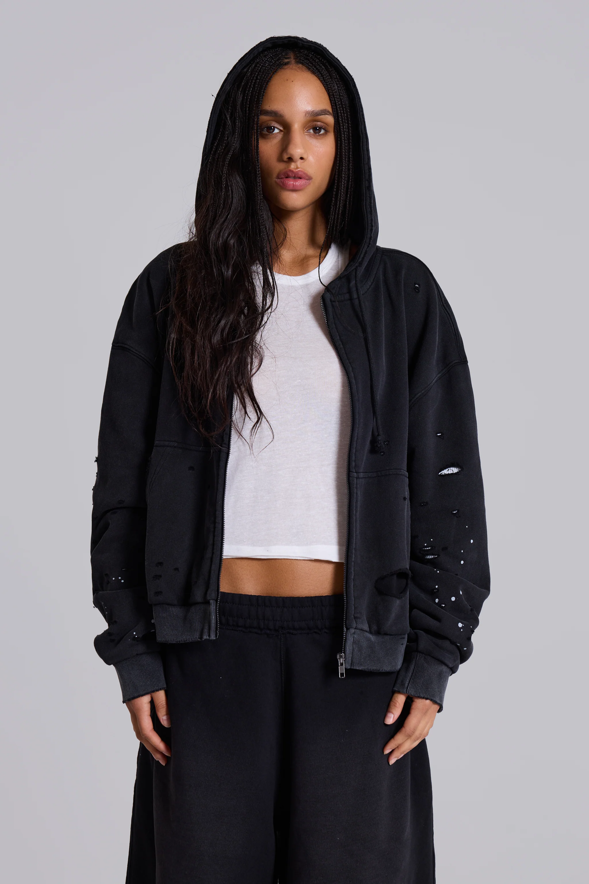 Washed Black Sun Faded Waffle Lined Zip Hoodie