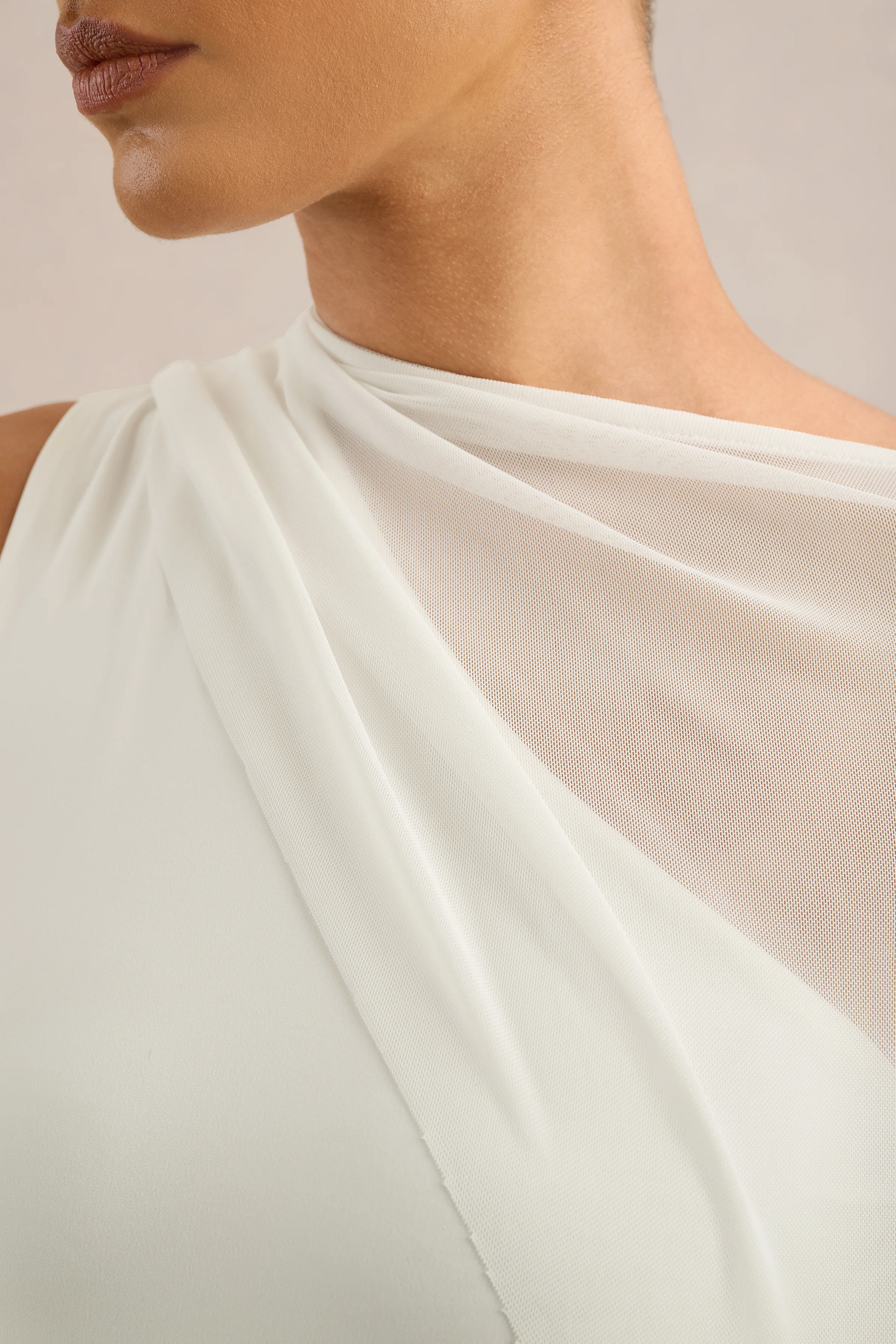 Mirelle | White Jersey Boat Neck Maxi Dress With Mesh Cape And Back Split