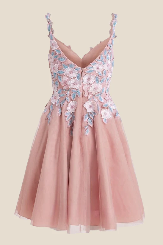 V-neck Blush Pink Appliques A-line Short Dress