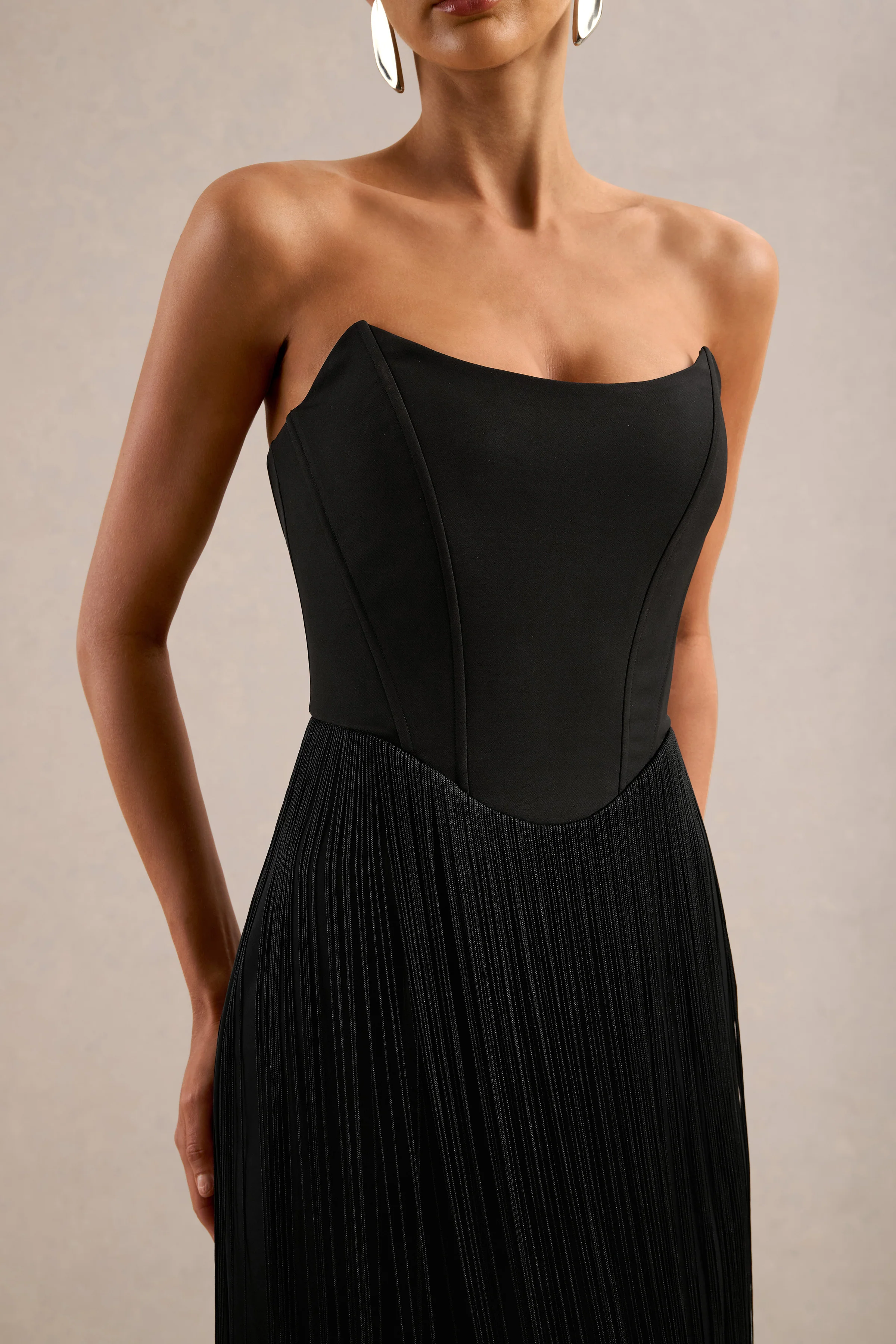 Manuela | Black Bandeau Maxi Dress With Fringe Detailing