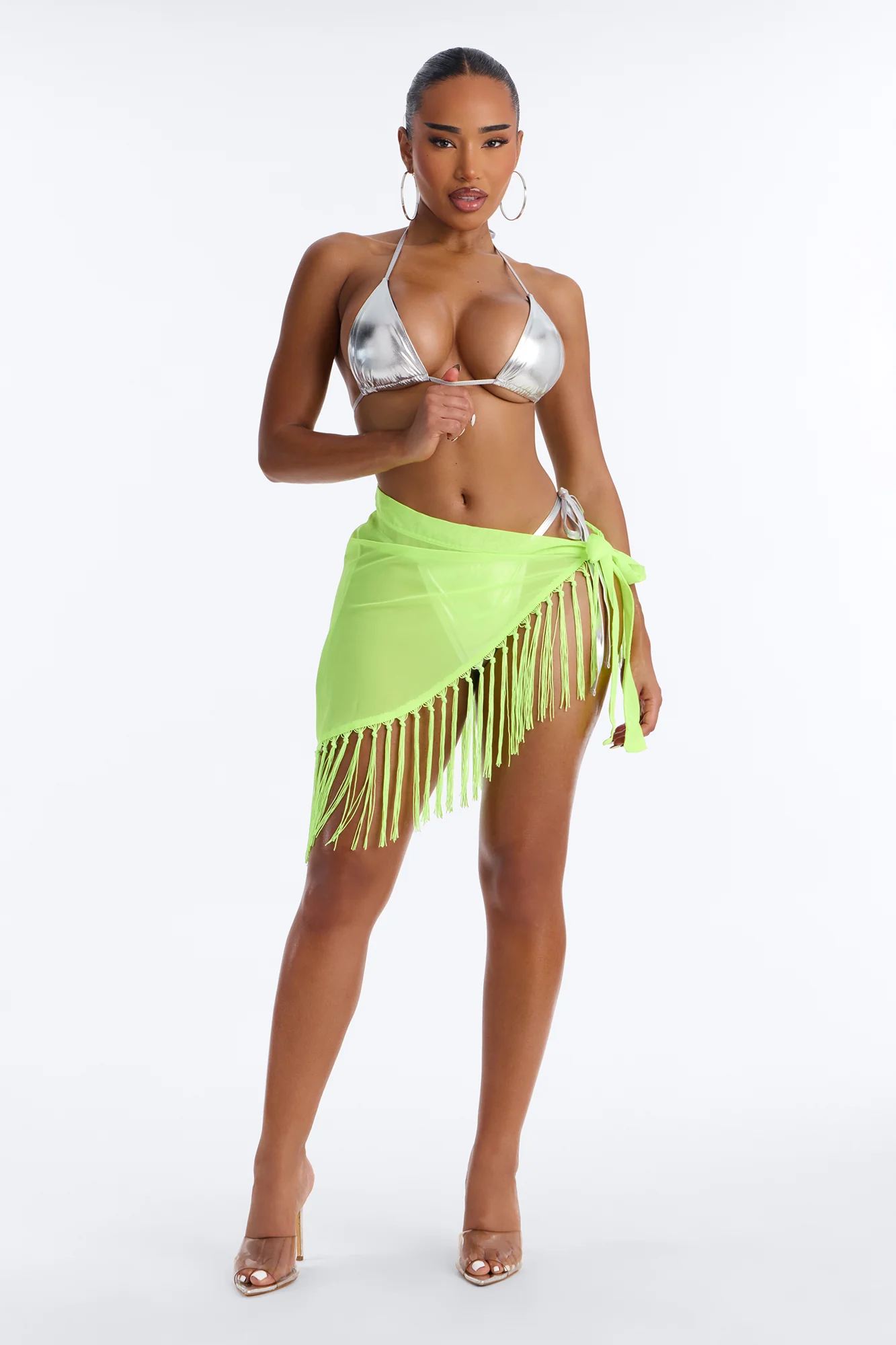 In The Tropics Mesh Fringe Swim Cover Up Sarong - Neon Yellow