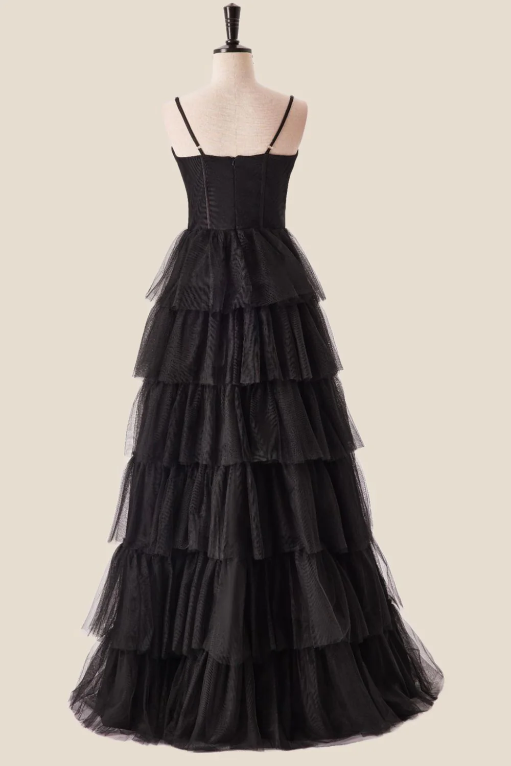 Straps Black Tiered Ruffles Long Maxi Dress