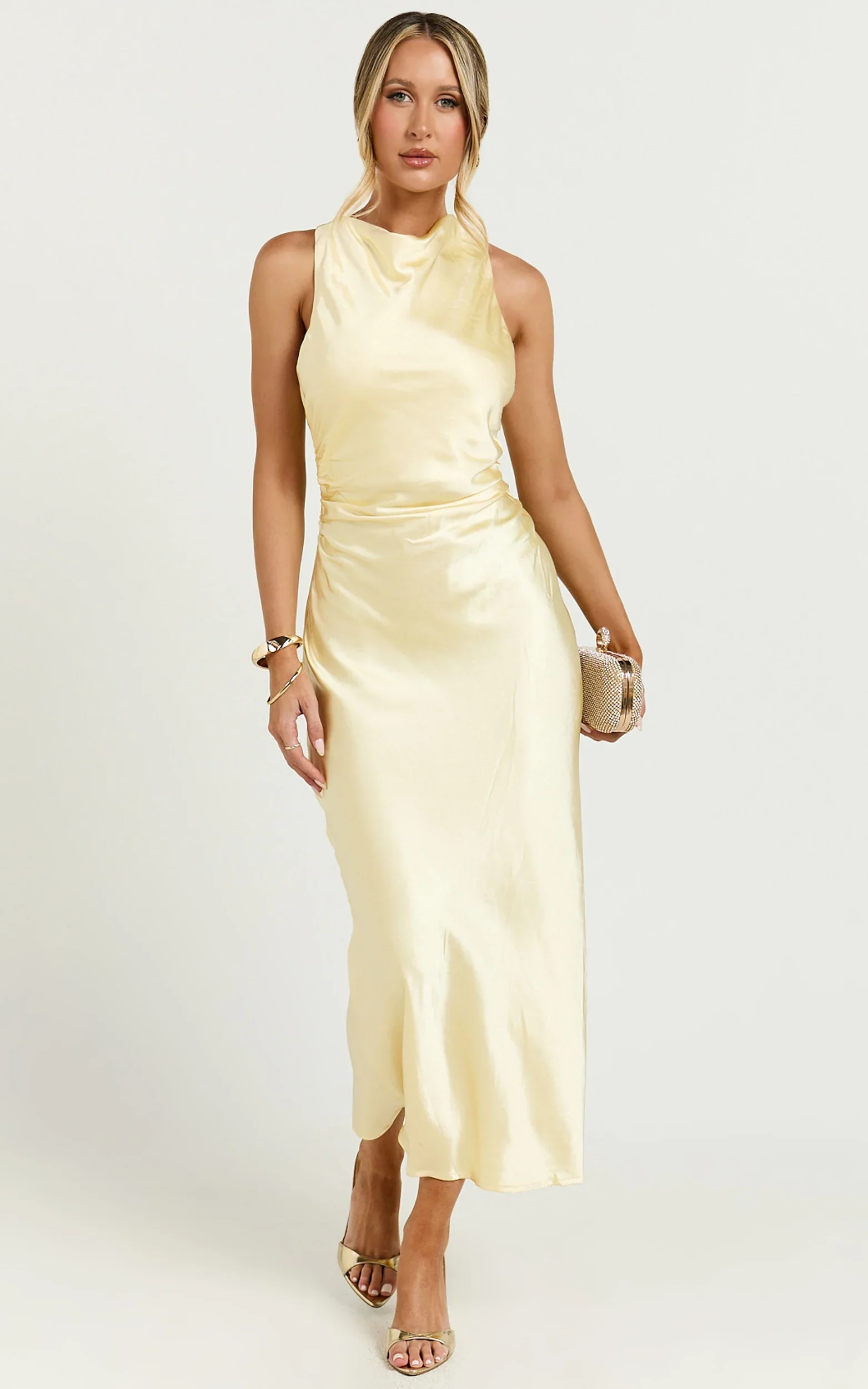 Aluna Midi Dress - High Neck Cross Back Satin Slip Dress in Lemon