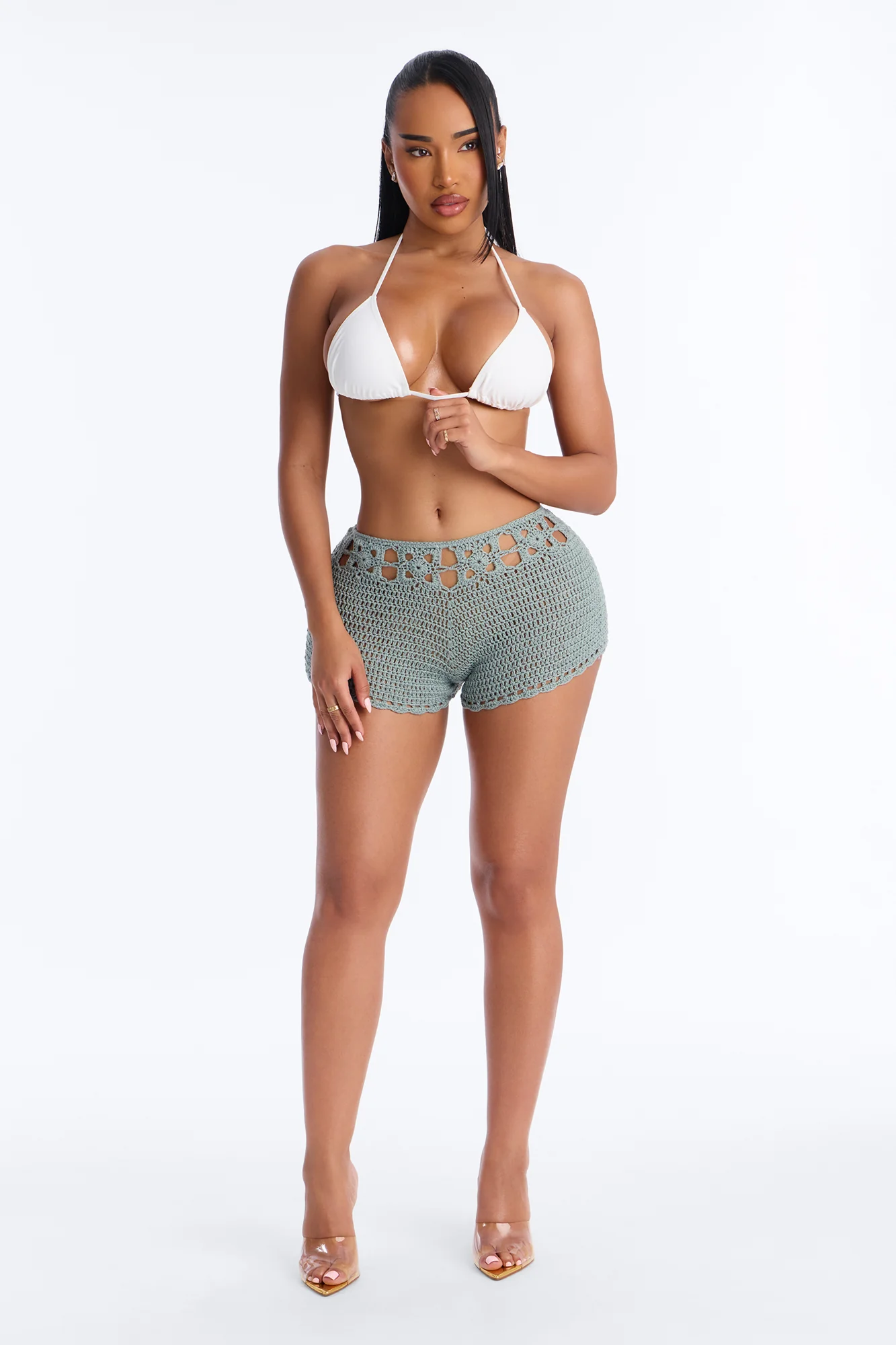Warm Sunrise Crochet Mini Swim Cover Up Short - Green