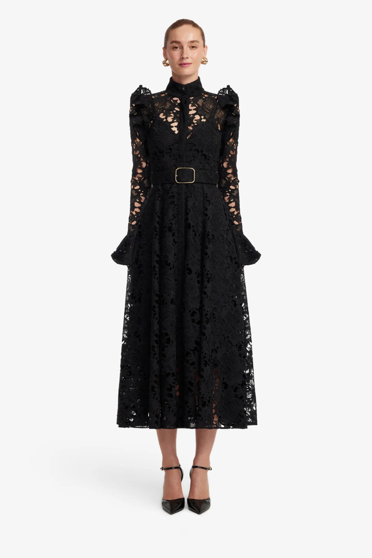 Aliyah Lace Butterfly Sleeve Midi Dress - Ebony