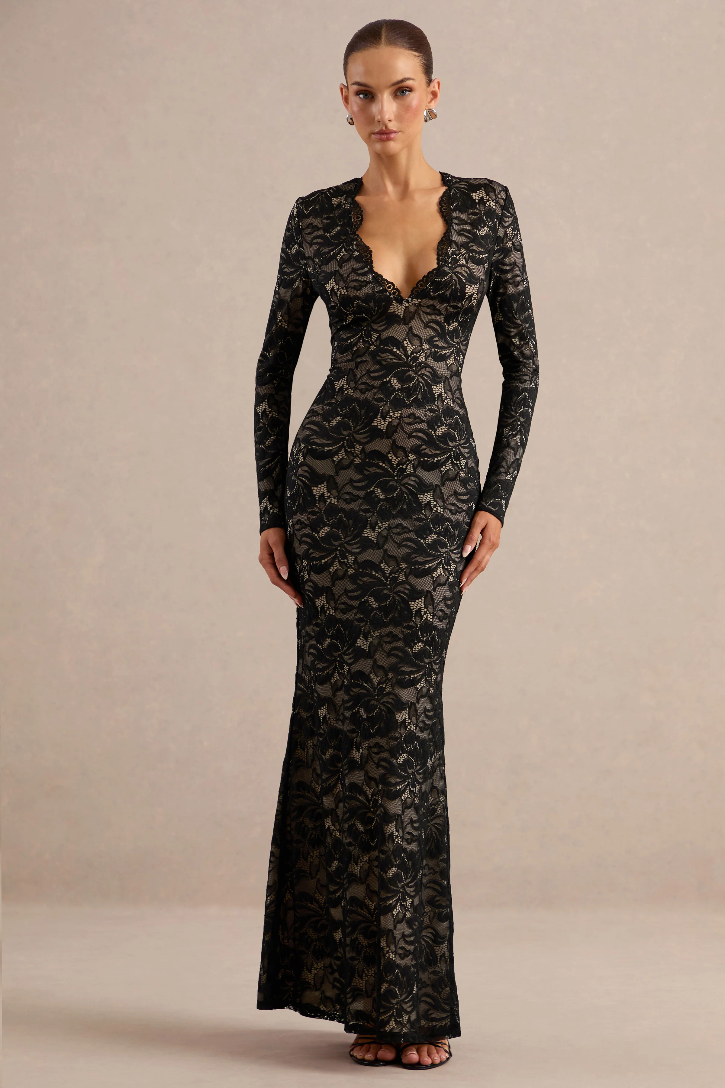 Avorine | Black Lace Plunge Neck Long Sleeve Maxi Dress With Nude Lining