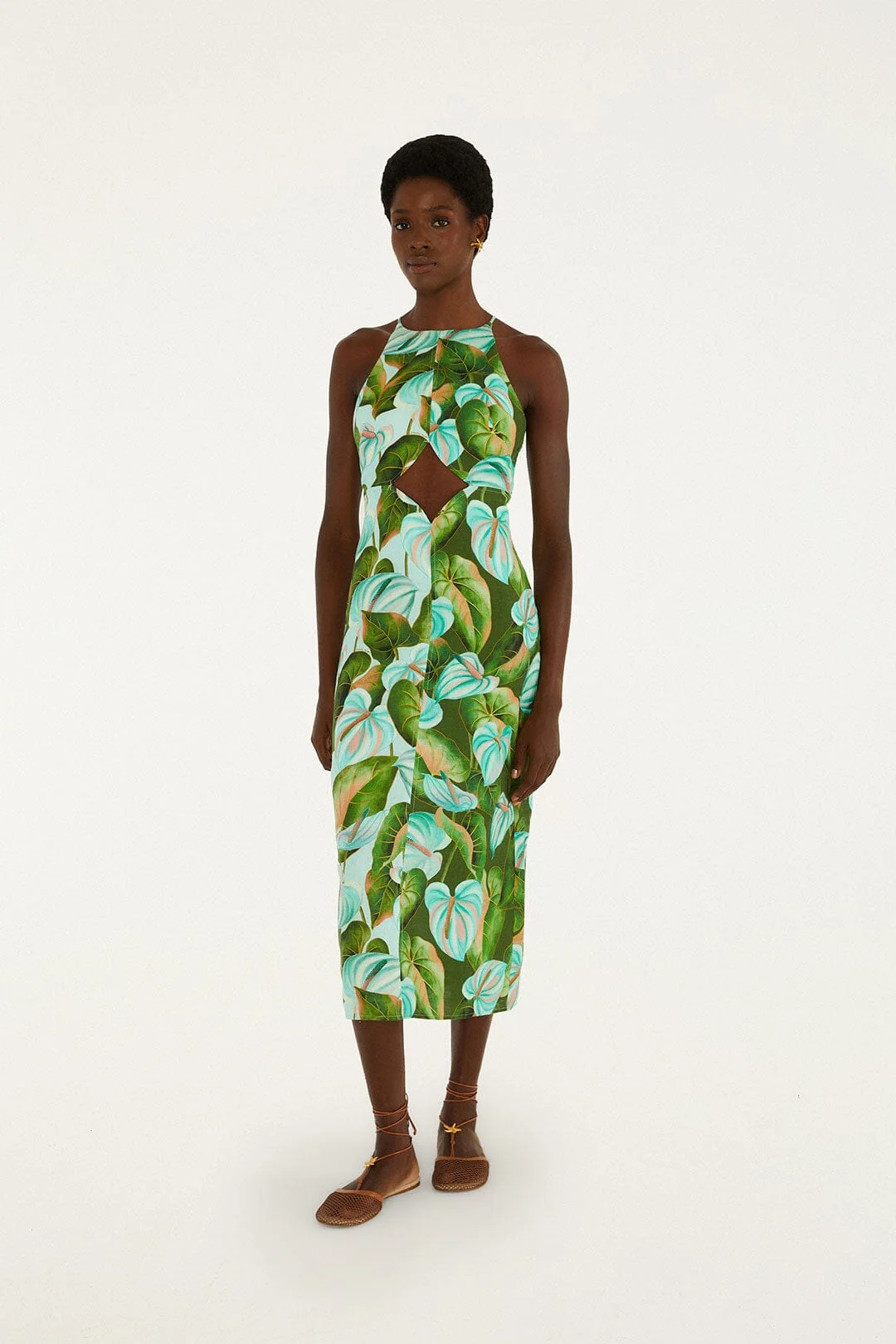 Green Anthurium Leaves Cut-Out Midi Dress