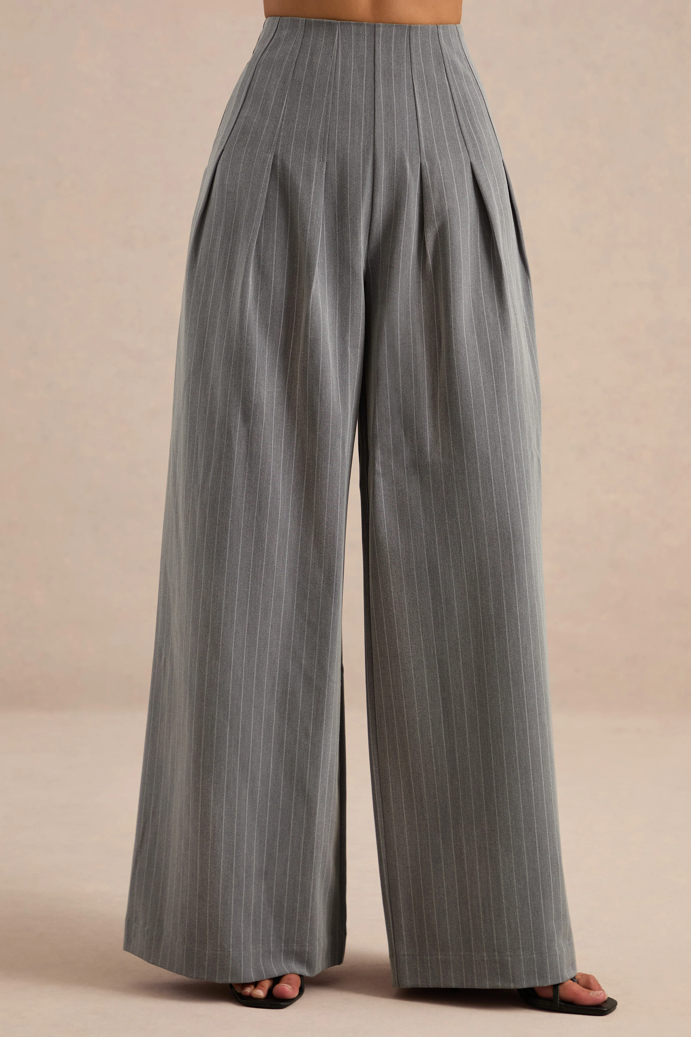 Genara | Grey Pin Stripe High Rise Wide Leg Trousers