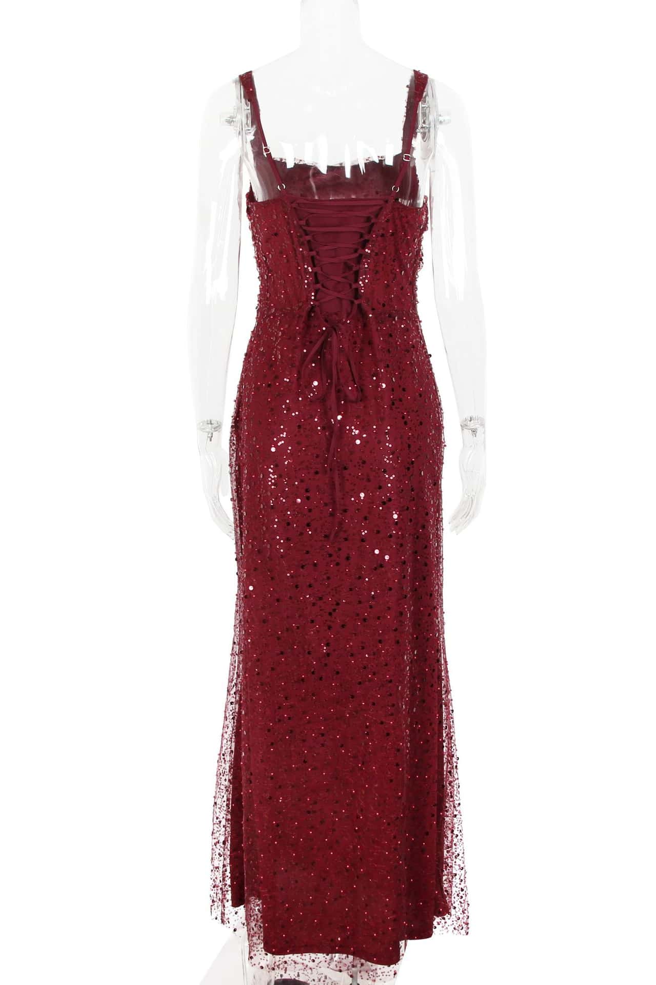 Burgundy Sequin Fitted Long Party Dress