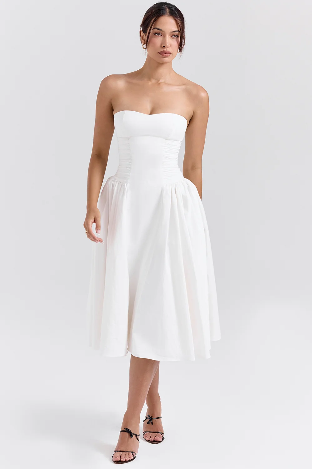 white cotton strapless midi sundress