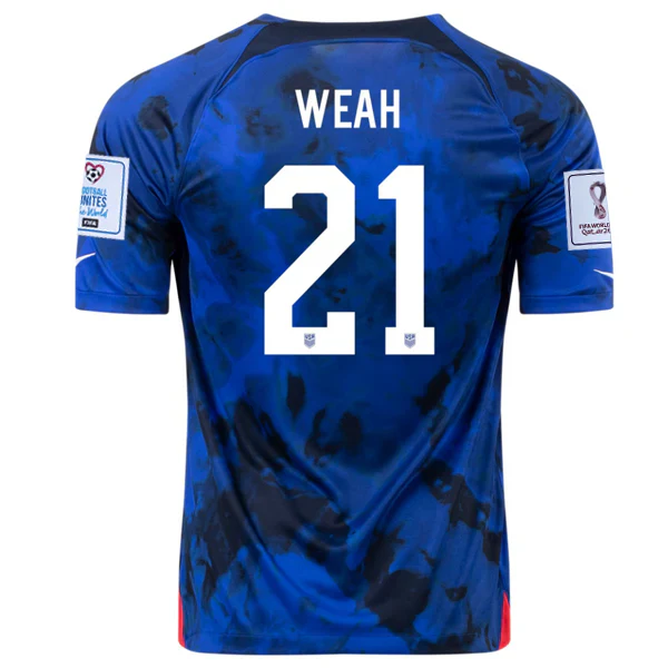 United States Timothy Weah Away Jersey 22/23 w/ World Cup 2022 Patches (Bright Blue/White)