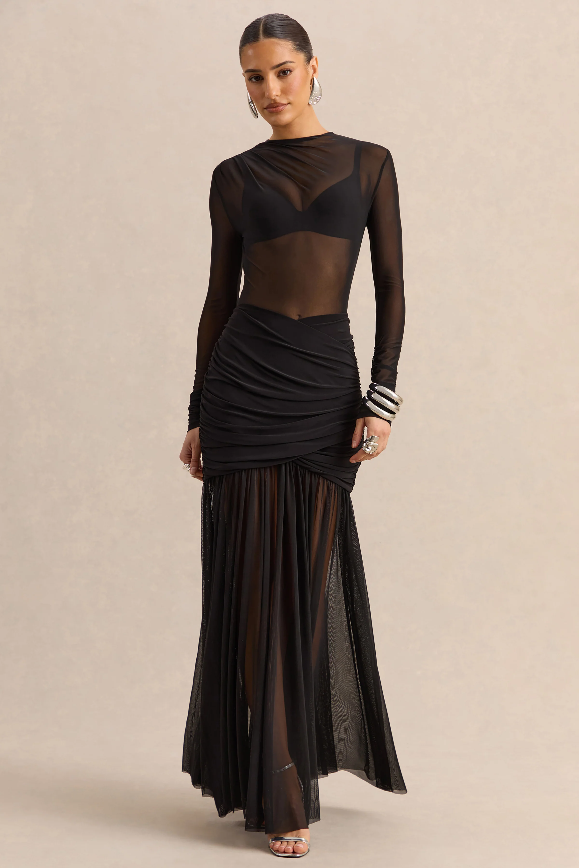 Kallie | Black Twisted Waist Mesh Maxi Skirt
