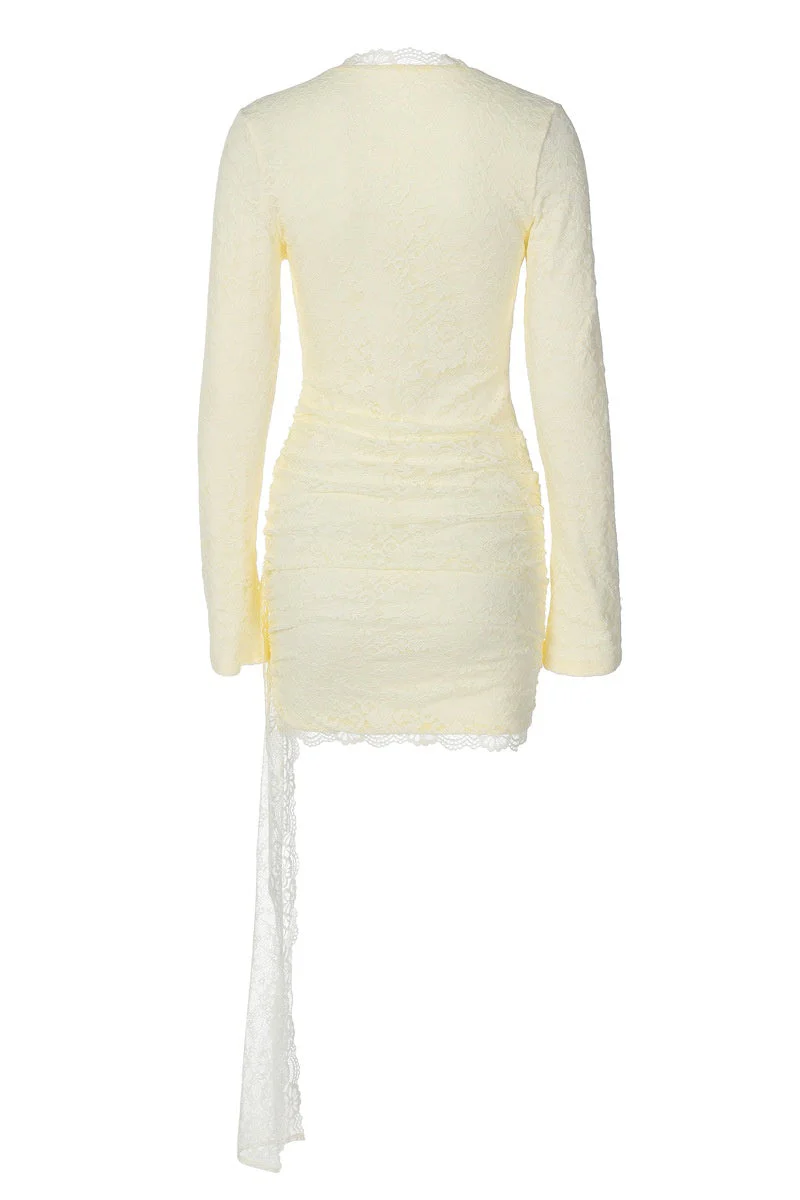 Long Sleeves Yellow Lace Tight Dress