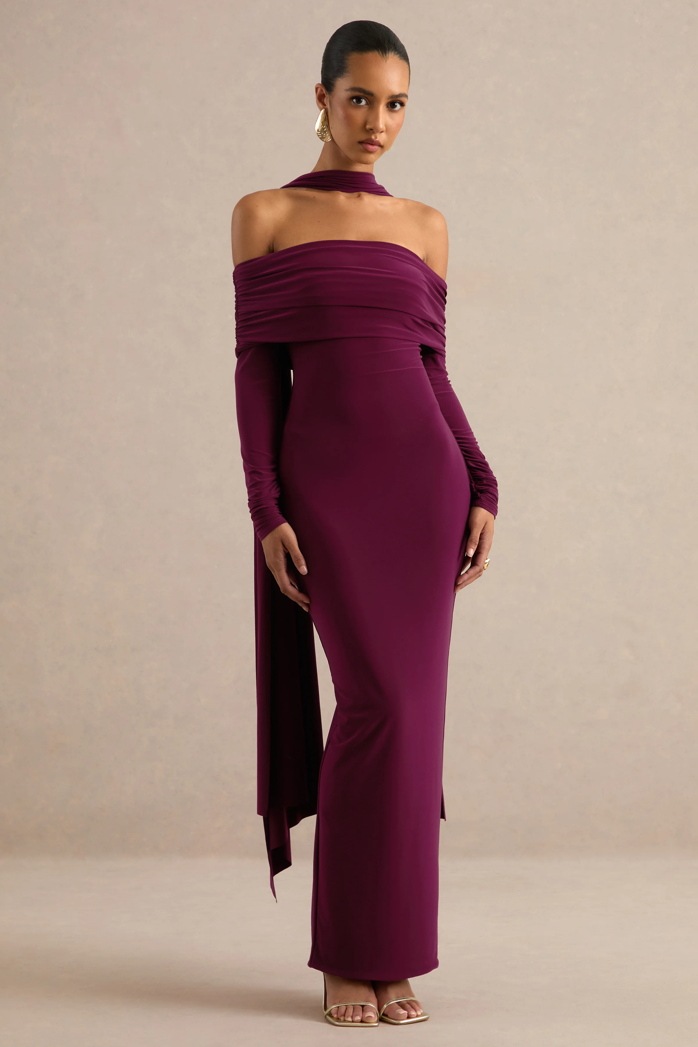 Julissa | Burgundy Jersey Ruched Bardot Long Sleeve Maxi Dress With Scarf Detail And Split