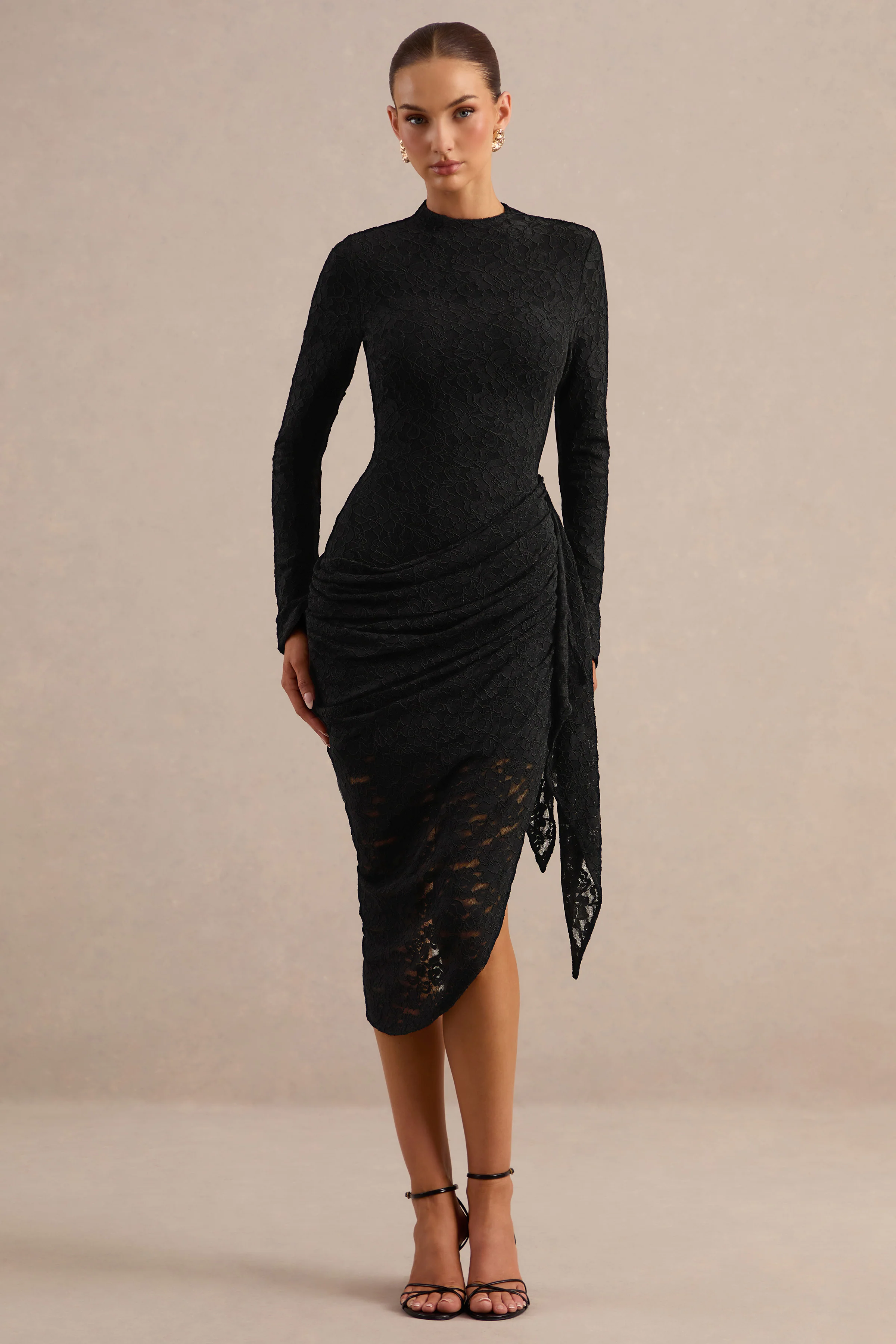 Laureline | Black Lace Round Neck Long Sleeve Midi Dress With Draped Skirt