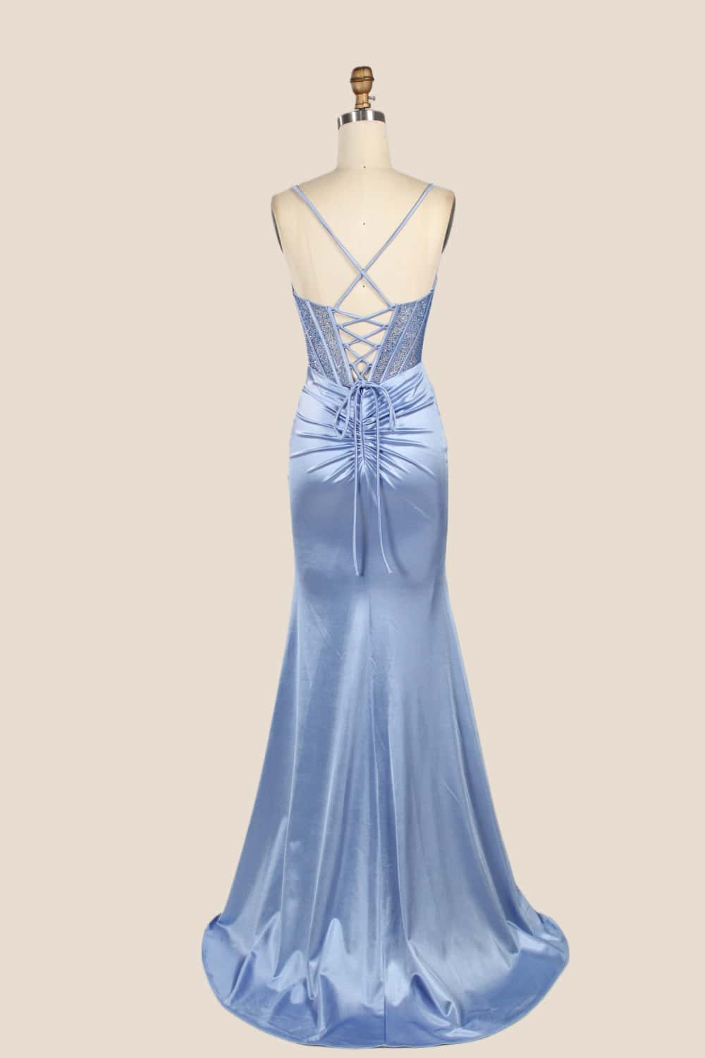 Straps Beaded Blue Ruched Satin Fitted Prom Dress
