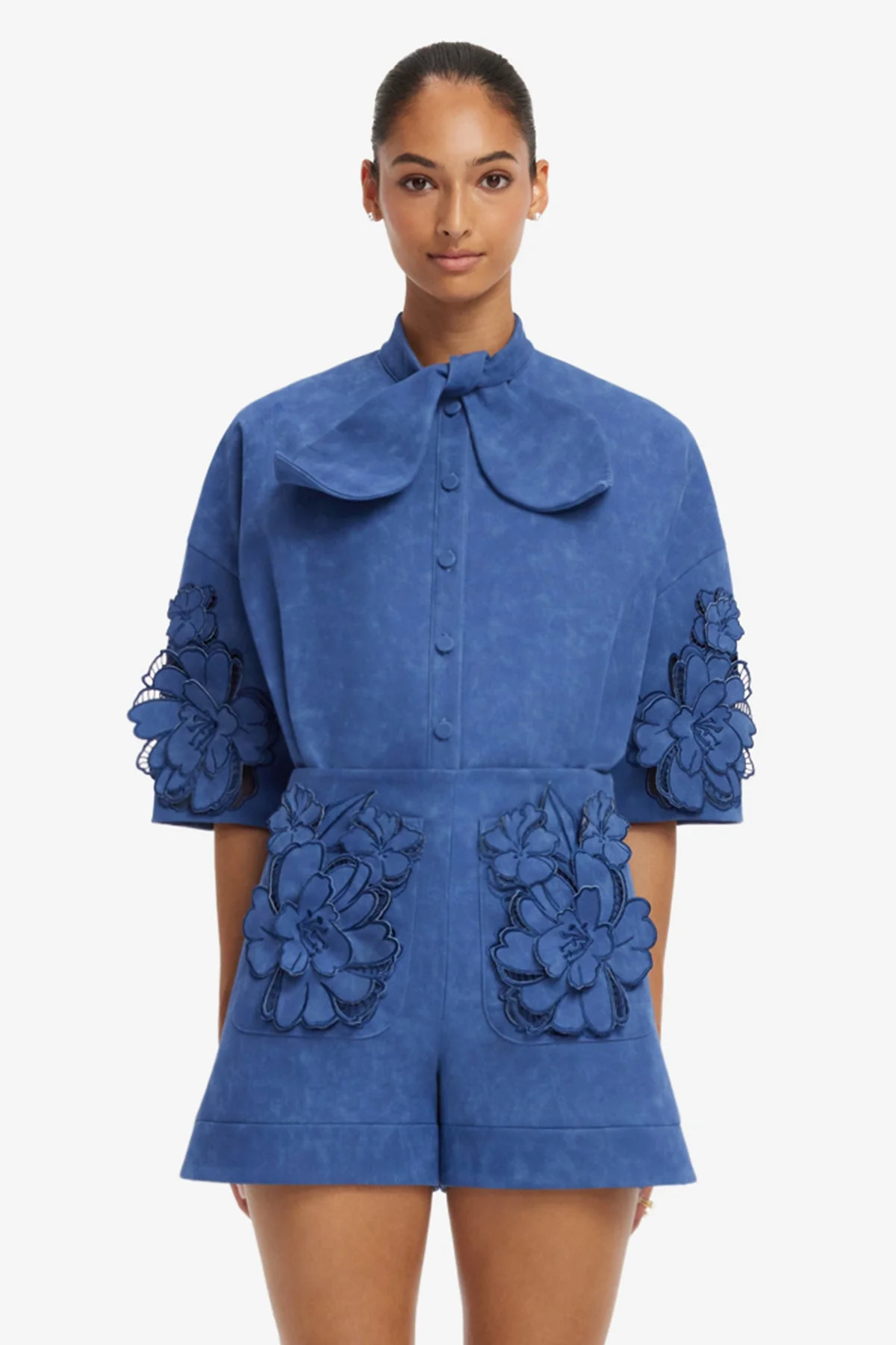 Brooklyn Appliqué Vegan Suede Bow Puff Sleeve Top - Azure
