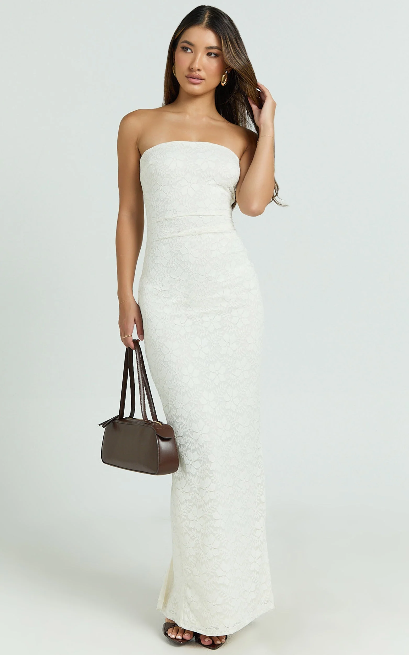 Bec Maxi Dress - Stretch Lace Strapless Dress in Off White