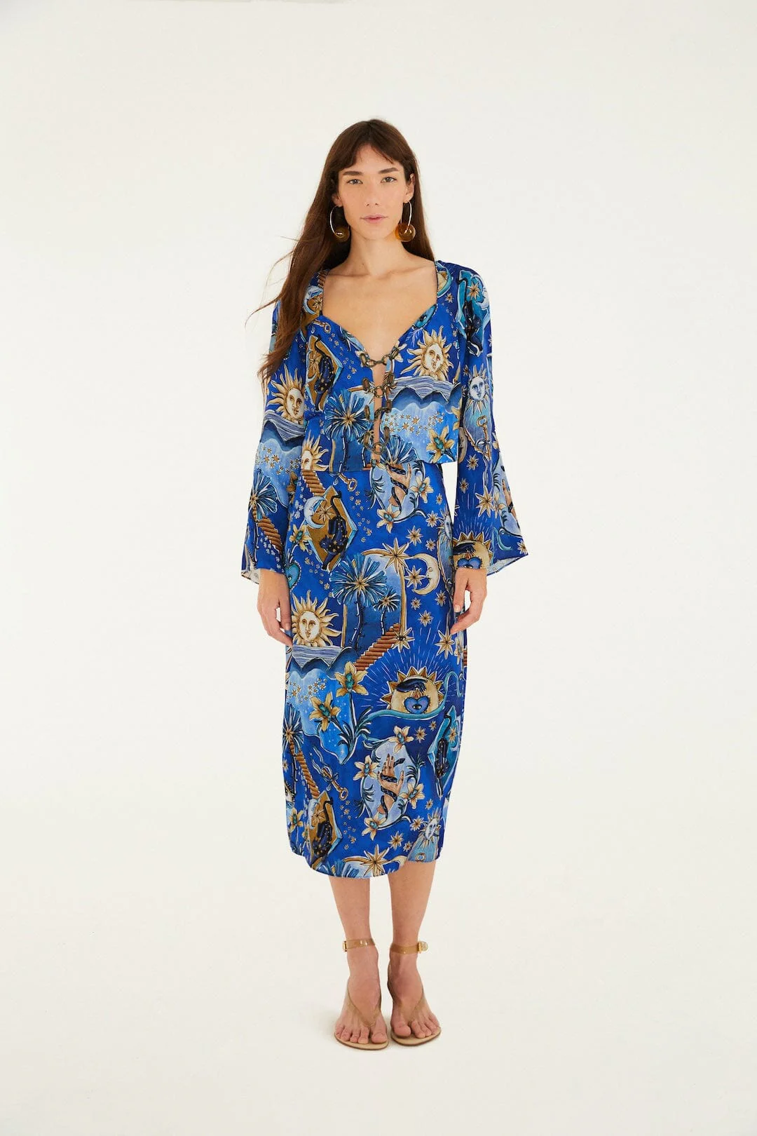 Blue Mystical Front Cut-Out Crop Blouse and Skirt Set