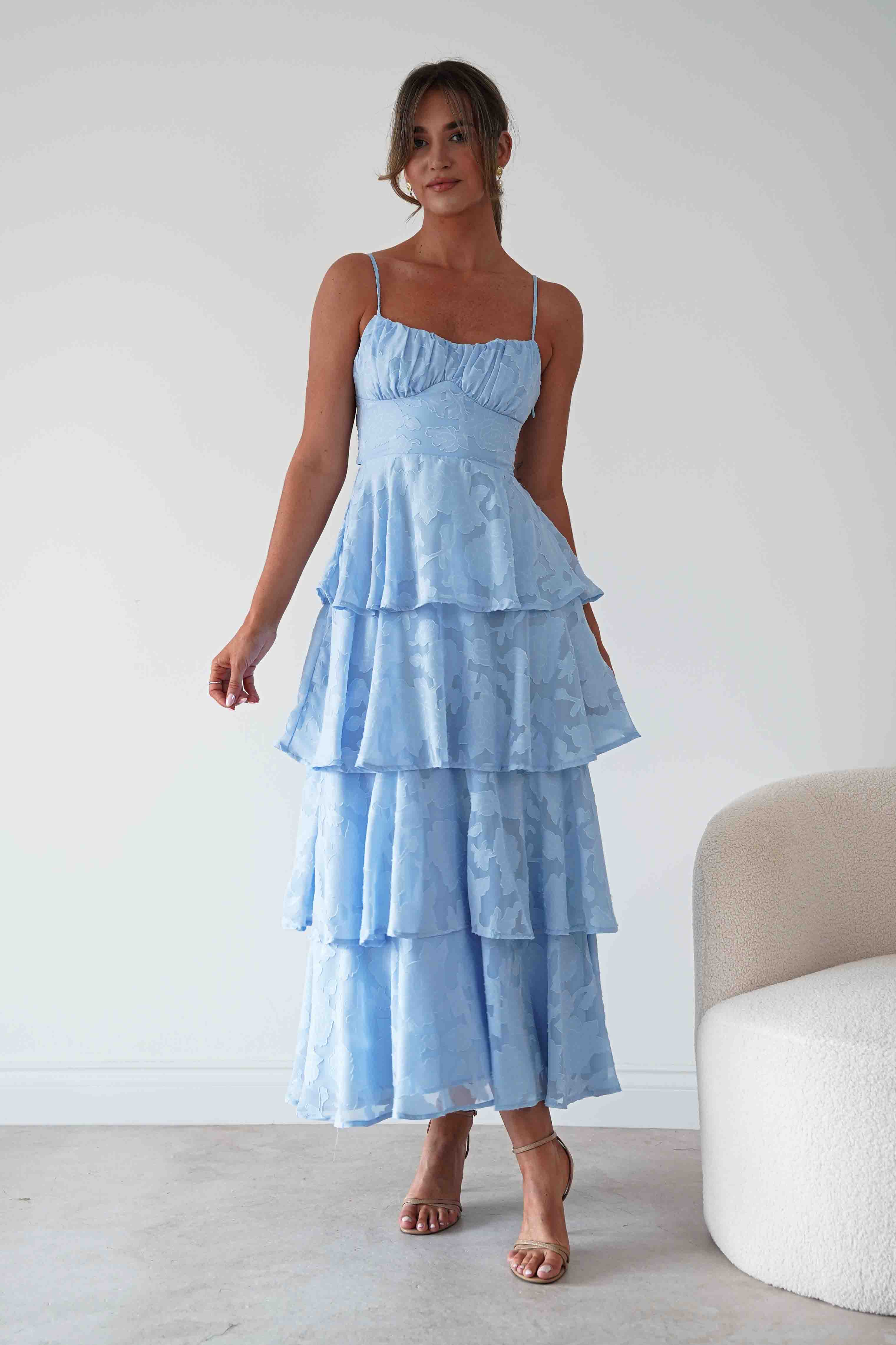 Patsy Floral Jacquard Tiered Maxi Dress | Blue